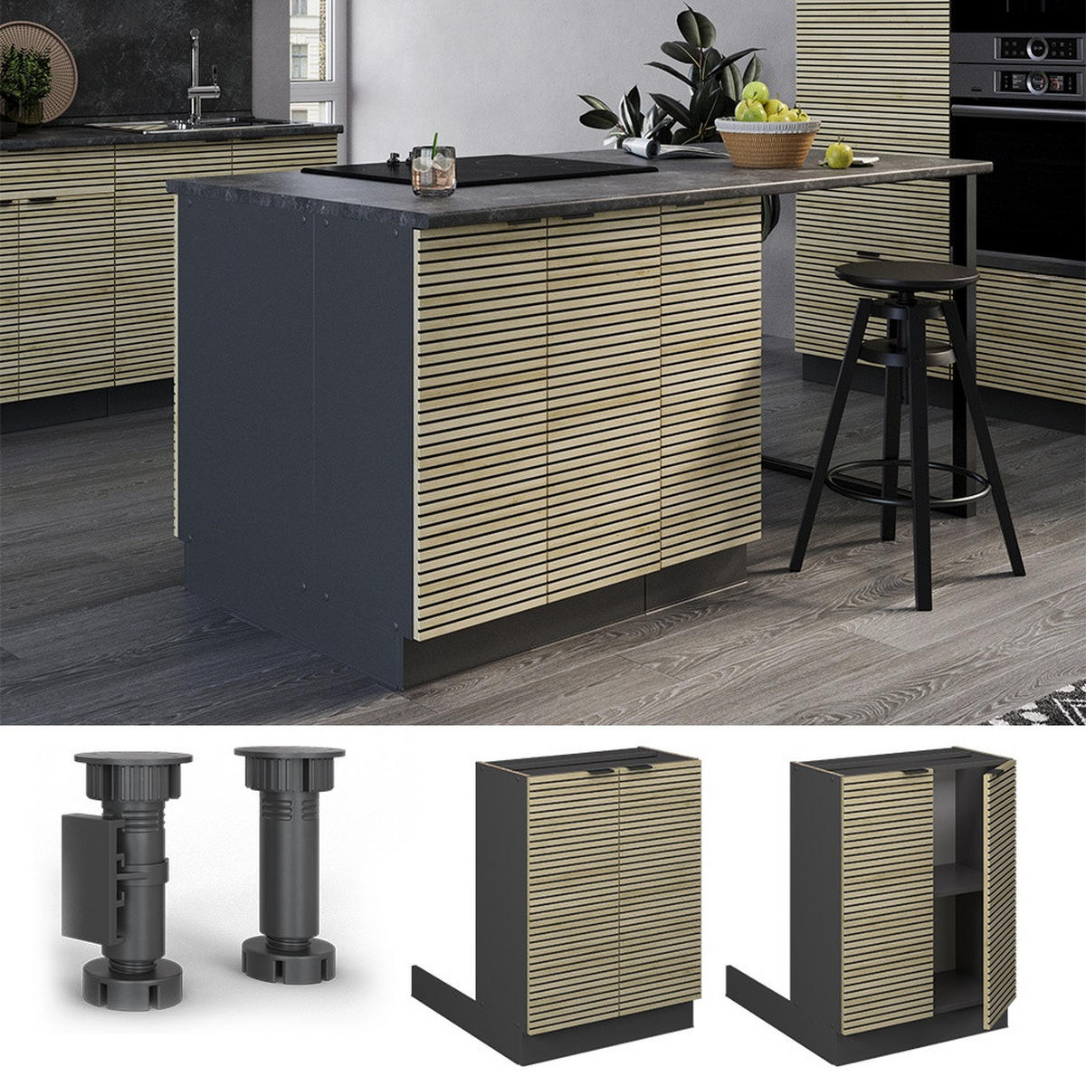 KÜCHENINSEL Fame-Line Eiche Paneel 60 cm ohne Arbeitsplatte - Eichefarben/Anthrazit, Holzwerkstoff (60/82/70cm) - Vicco