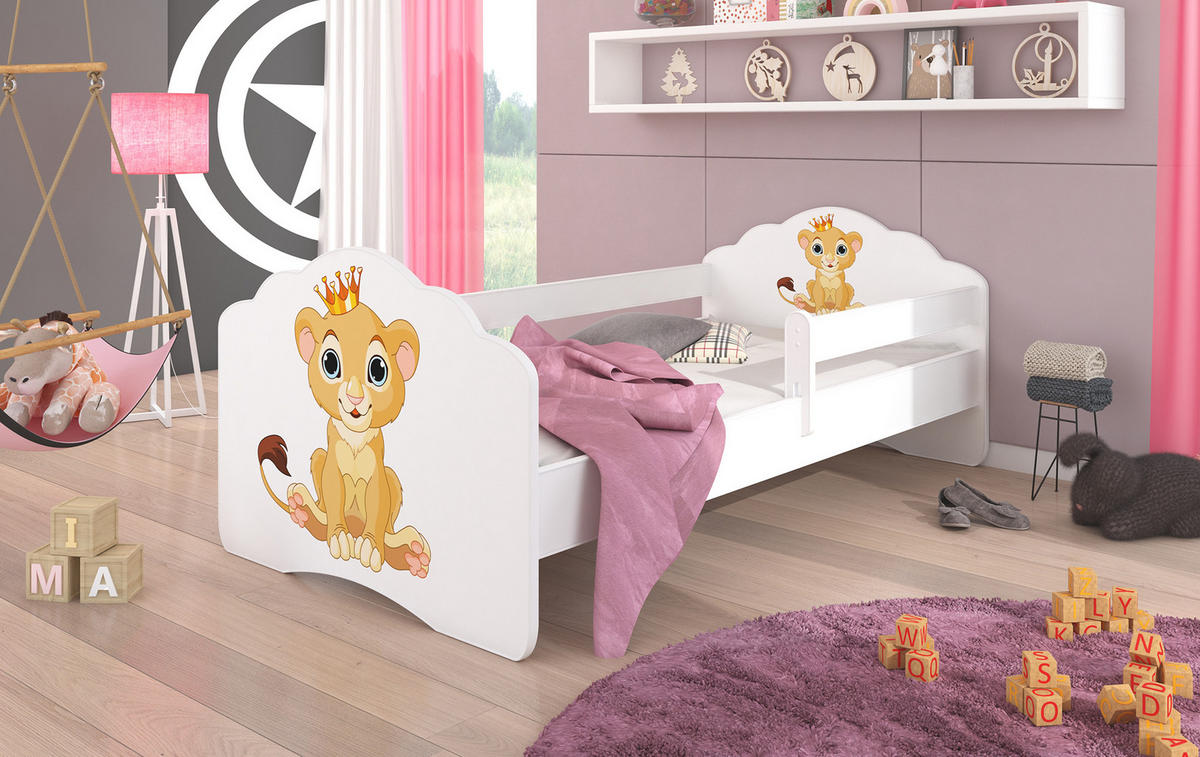 KINDERBETT Casimo weiß / Motiv Löwe 88 / 164 / 63cm - Gelb/Weiß, Holz/Holzwerkstoff (80/160cm) - Feldmann-Wohnen