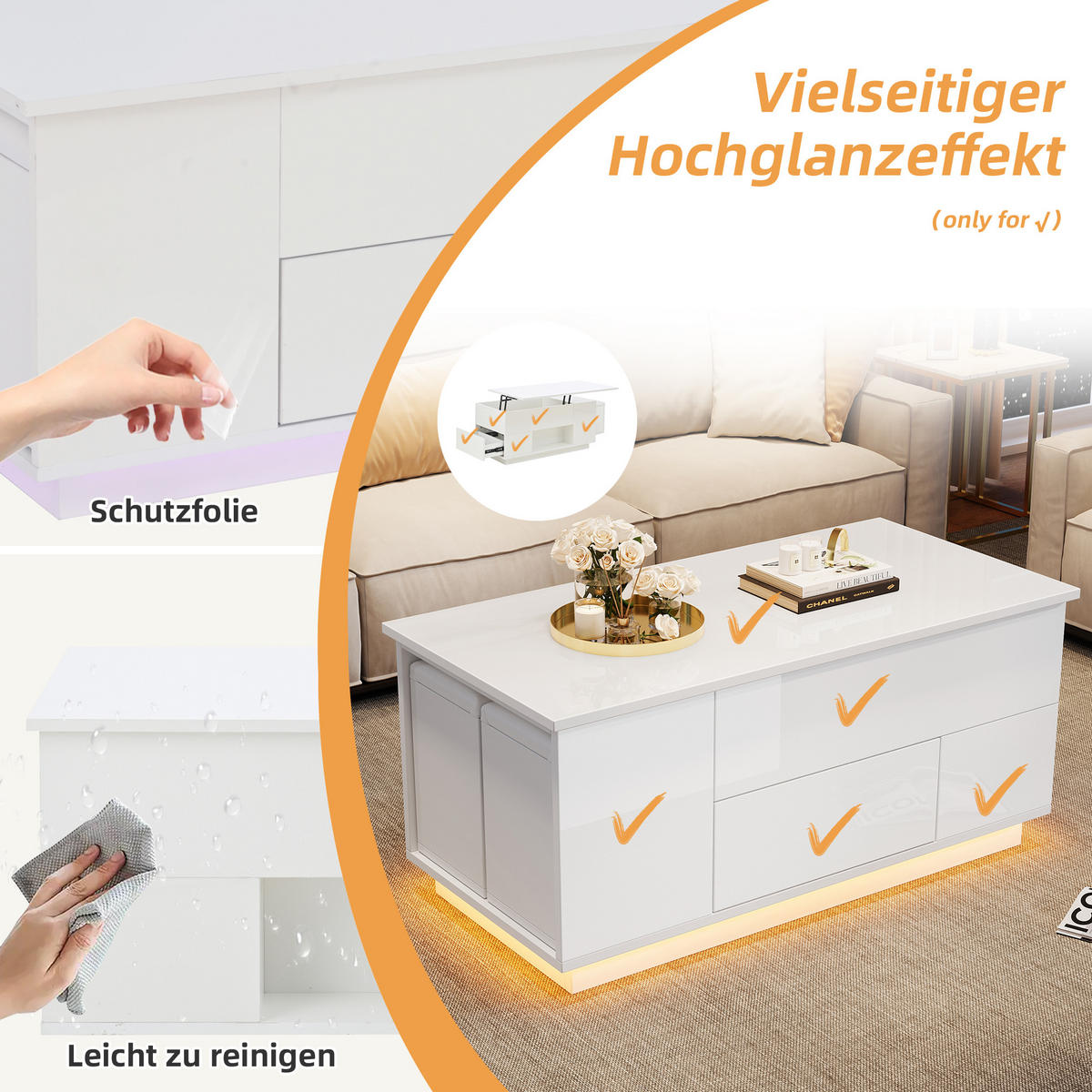 COUCHTISCH DE-042 Lift LED 3-tlg. Weiß - Weiß, Holzwerkstoff (50/100/45cm) - ComfortXL