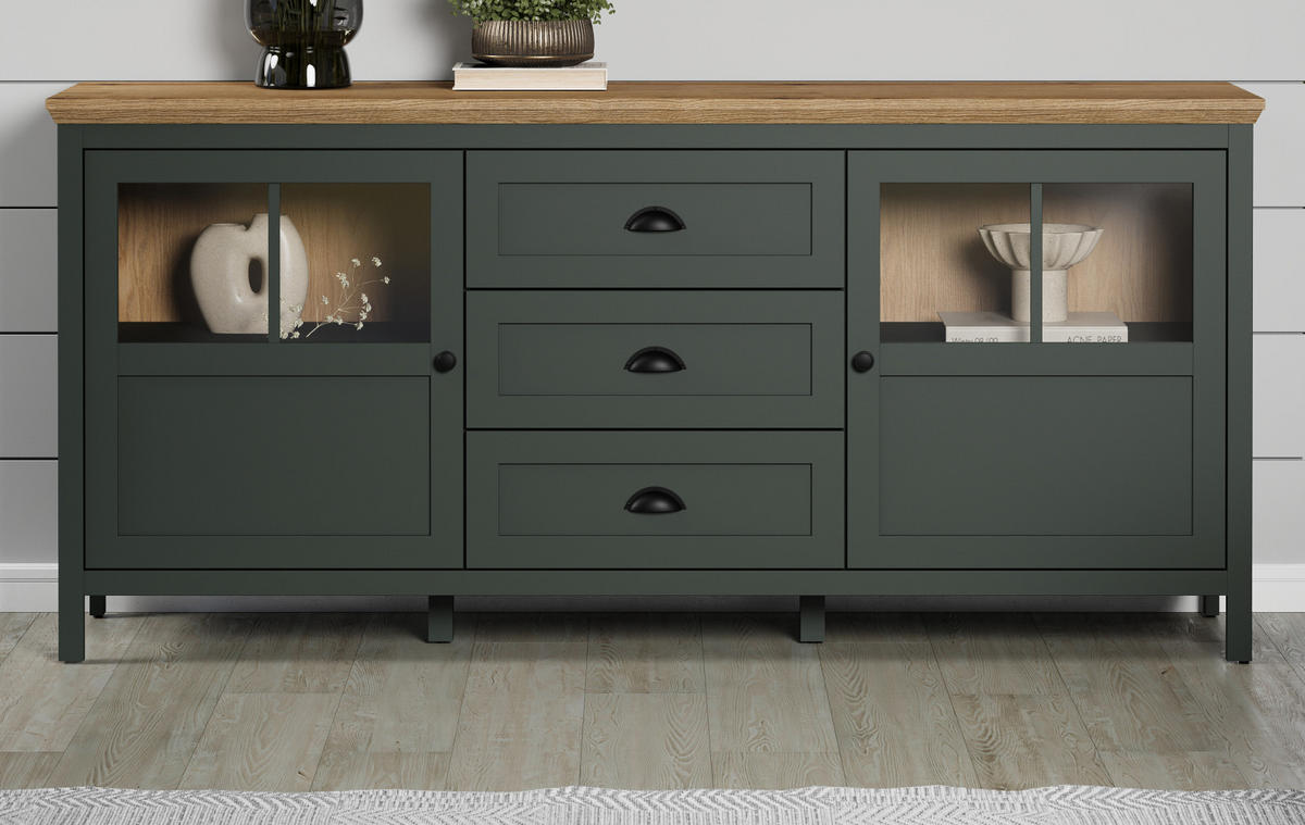SIDEBOARD grün, Evoke Eiche Landhaus 185 x 86 cm, Kommode inklusive LED Beleuchtung - Eichefarben/Schwarz, Glas/Holzwerkstoff (185/86/45cm) - Top.Furn