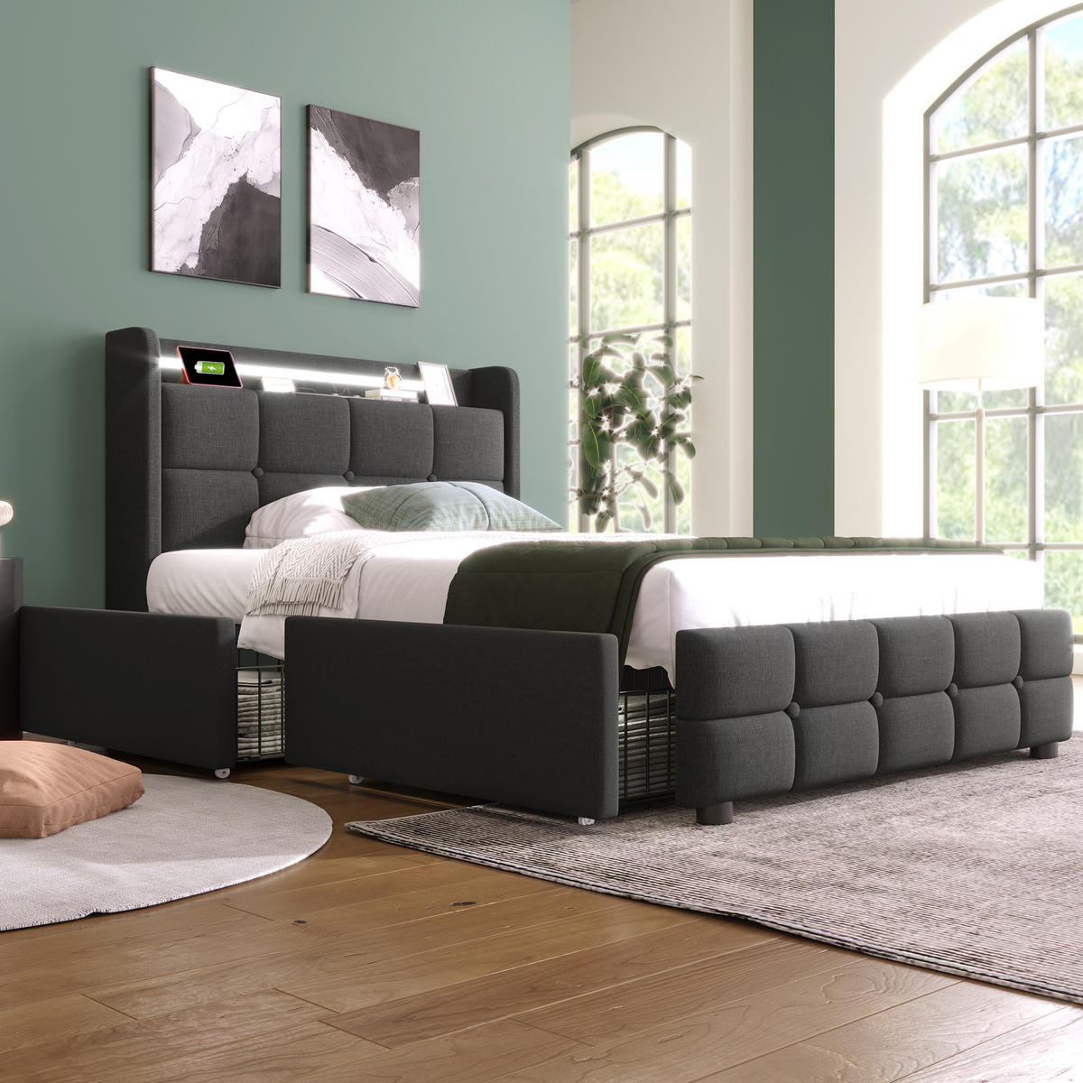 POLSTERBETT aus Holz 90x200 cm in Grau mit LED & USB-Steckdosen - Grau, Holz (90/200cm) - Modfu