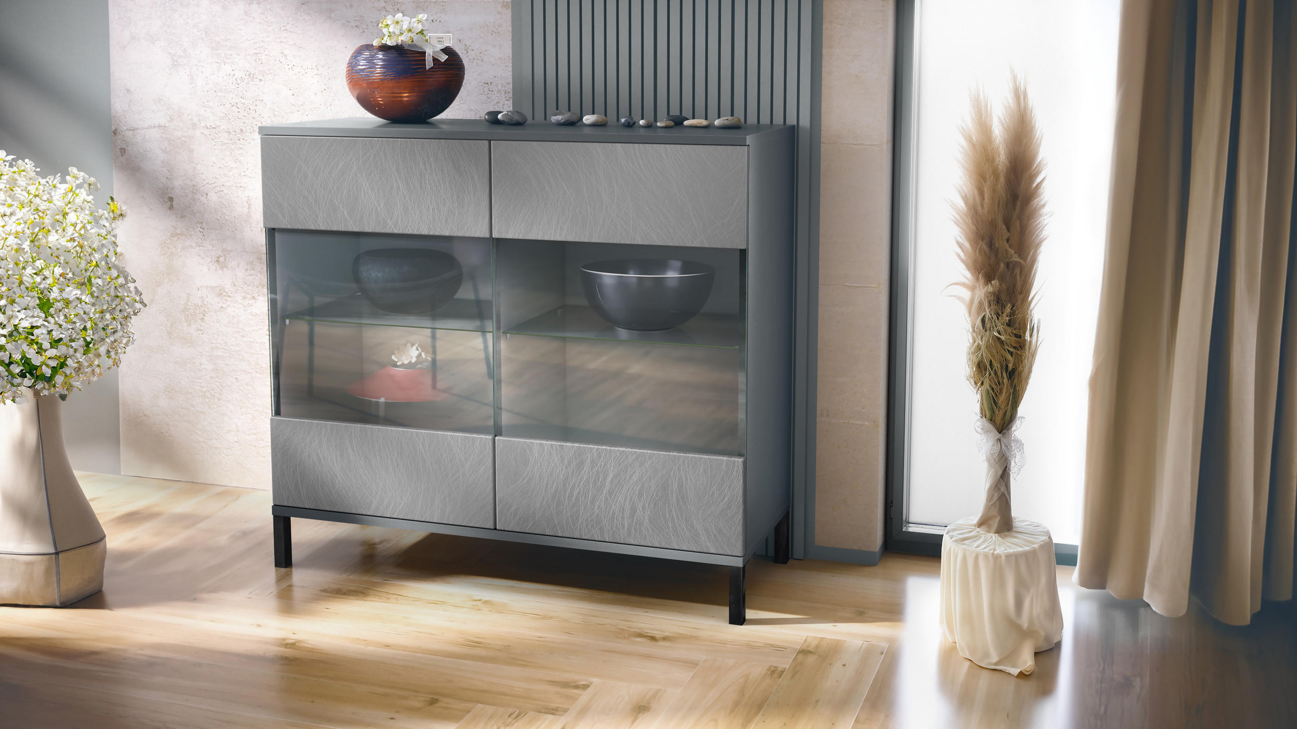 KOMMODE Bari Scratchy Metal - Silberfarben, Holzwerkstoff (92.5/83.5/35cm) - Vladon