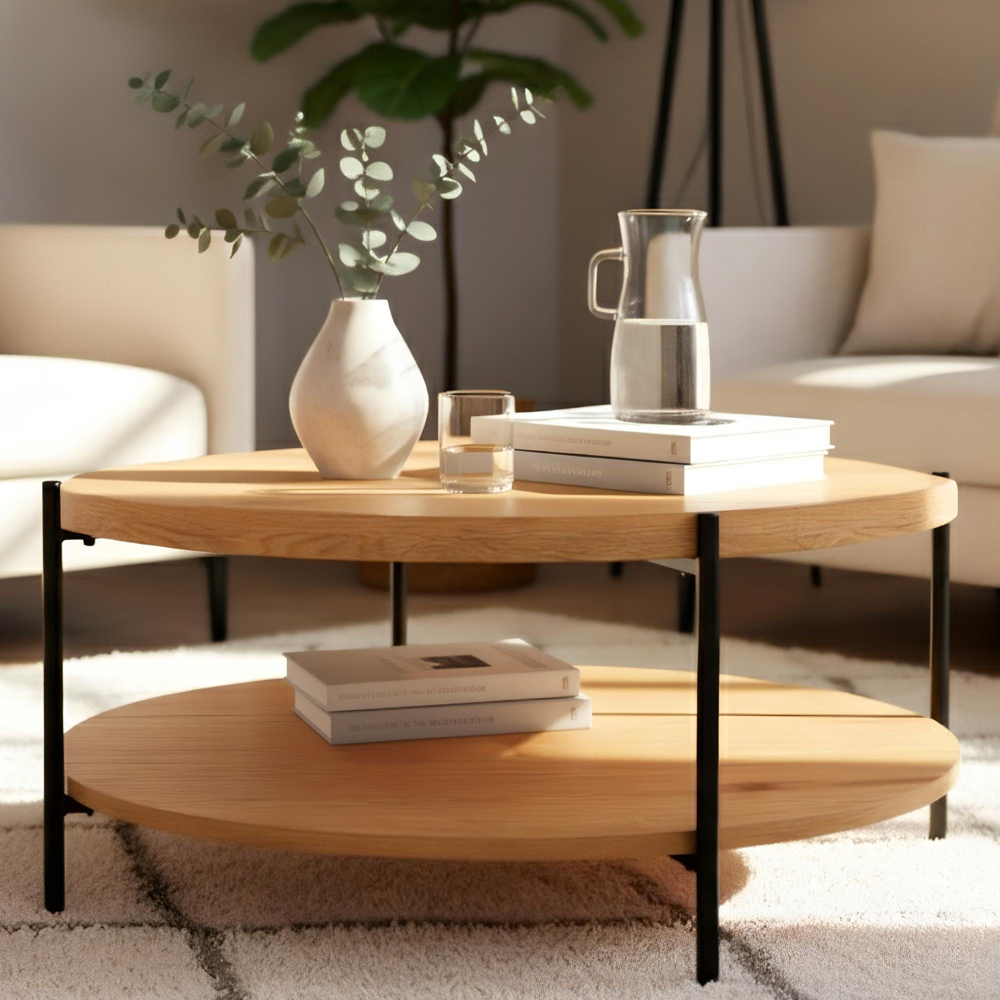 COUCHTISCH rund 80 cm Holz Natura - Eukalyptusholzfarben/Schwarz, Holz/Metall (80/80/40cm) - CLP