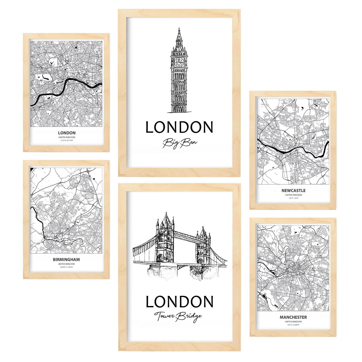 POSTER Set Mit 6 Drucke Von Uk Von Karten In Schwarz Weiß A3 & A4 Rahmen Aus Hellem Holz - Beige, Papier (29/3cm) - Nacnic