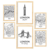 POSTER Set Mit 6 Drucke Von Uk Von Karten In Schwarz Weiß A3 & A4 Rahmen Aus Hellem Holz - Beige, Papier (29/3cm) - Nacnic