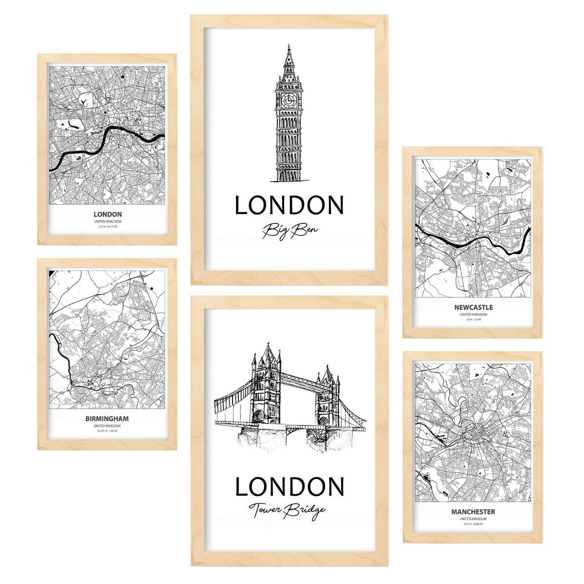 POSTER Set Mit 6 Drucke Von Uk Von Karten In Schwarz Weiß A3 & A4 Rahmen Aus Hellem Holz - Beige, Papier (29/3cm) - Nacnic