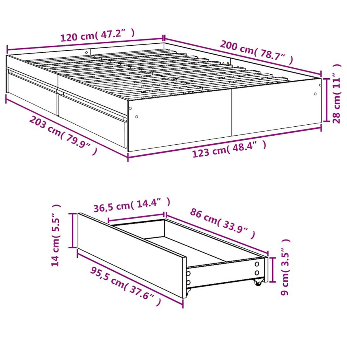 BETTGESTELL Mit Schubladen Sonoma-Eiche 120/200Cm Holzwerkstoff - Braun, Holzwerkstoff (120/200cm) - vidaXL