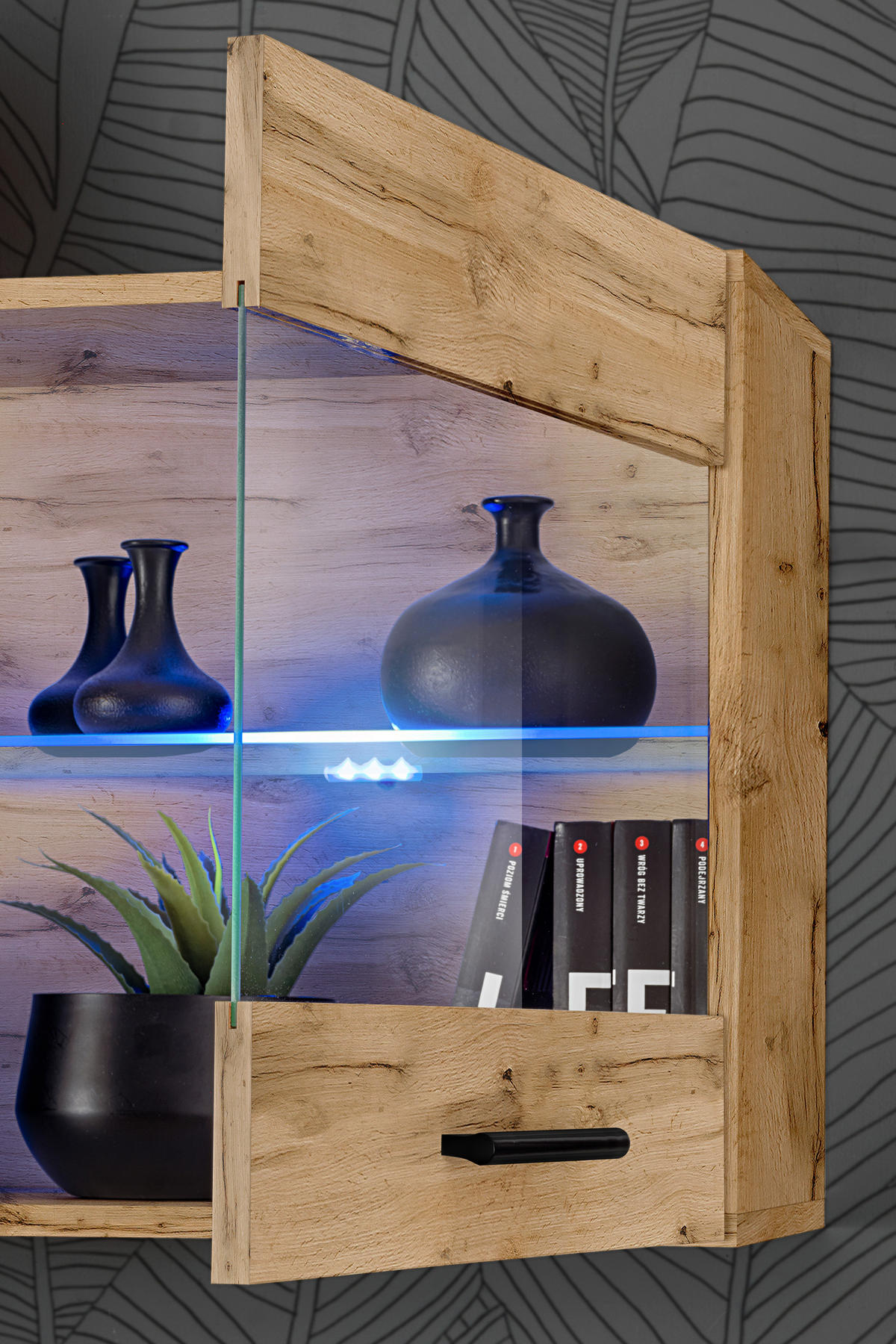 WOHNZIMMERSET Foggia, 6er-Set, Eiche Wotan, Front Eiche Wotan, LED Blau - Eiche Wotan/Schwarz, Glas/Holzwerkstoff (230/190/45cm) - Komodee