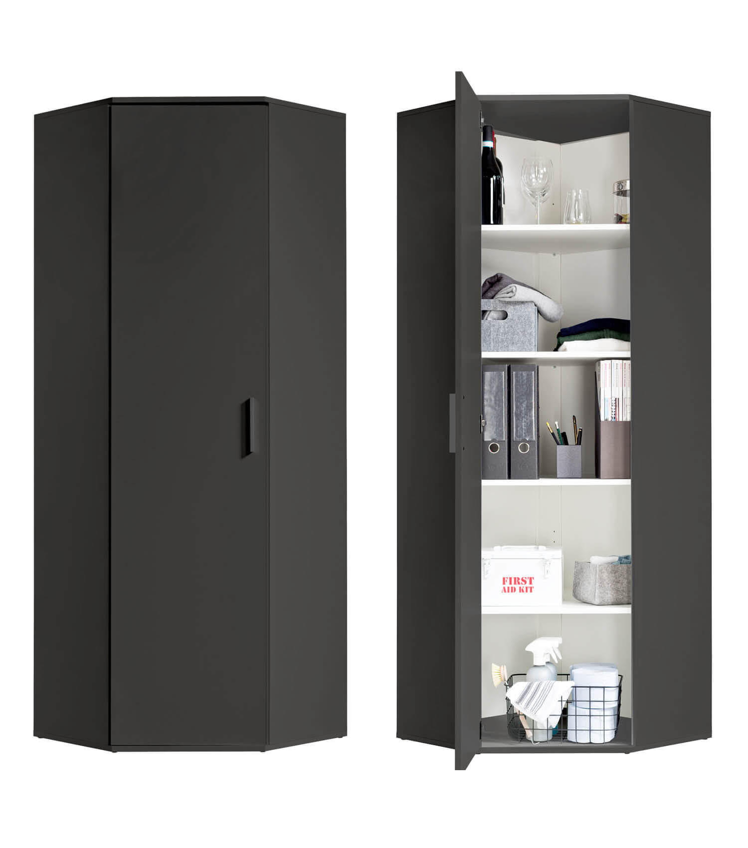 ECKSCHRANK Der Lange - Anthrazit/Schwarz, Holzwerkstoff (64/180/64cm) - Mokebo