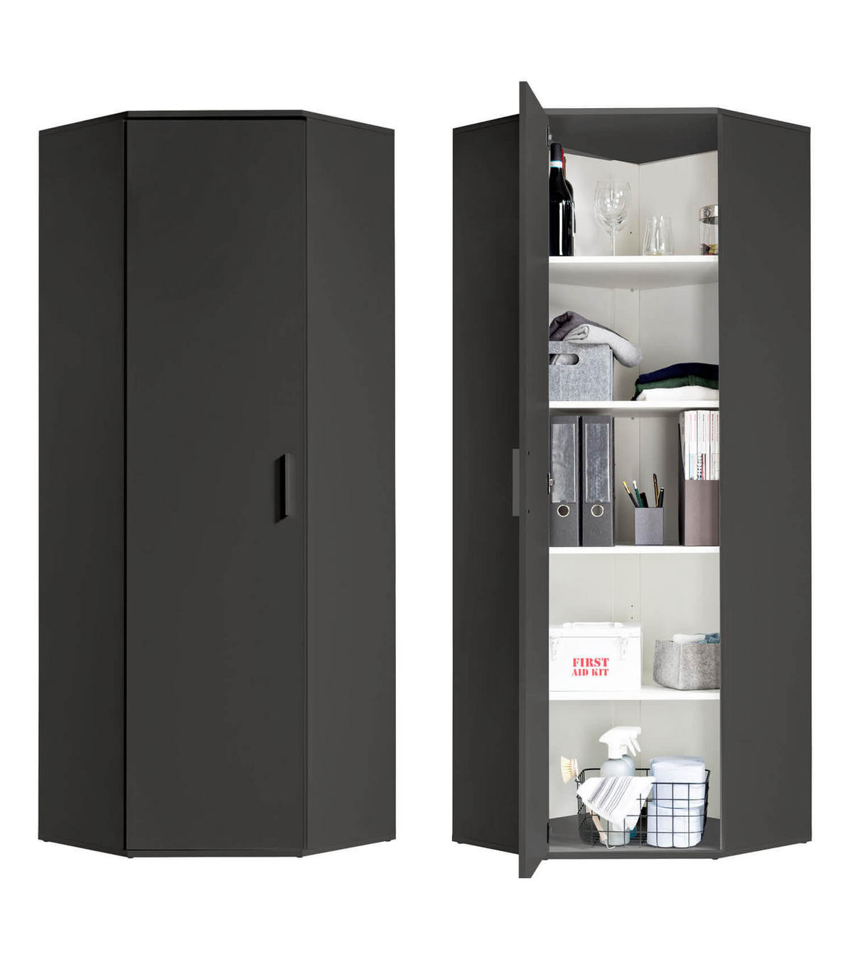 ECKSCHRANK Der Lange - Anthrazit/Schwarz, Holzwerkstoff (64/180/64cm) - Mokebo