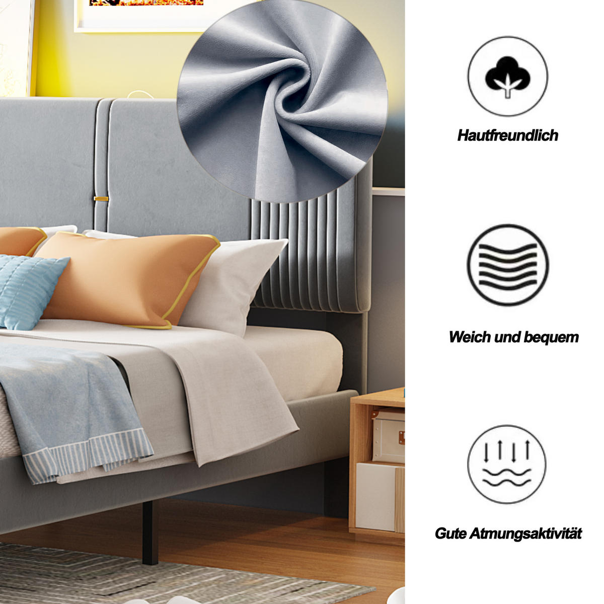 POLSTERBETT 140x200 cm LED USB Schubladen grau - Grau, Textil (140/200cm) - LEBENLANG