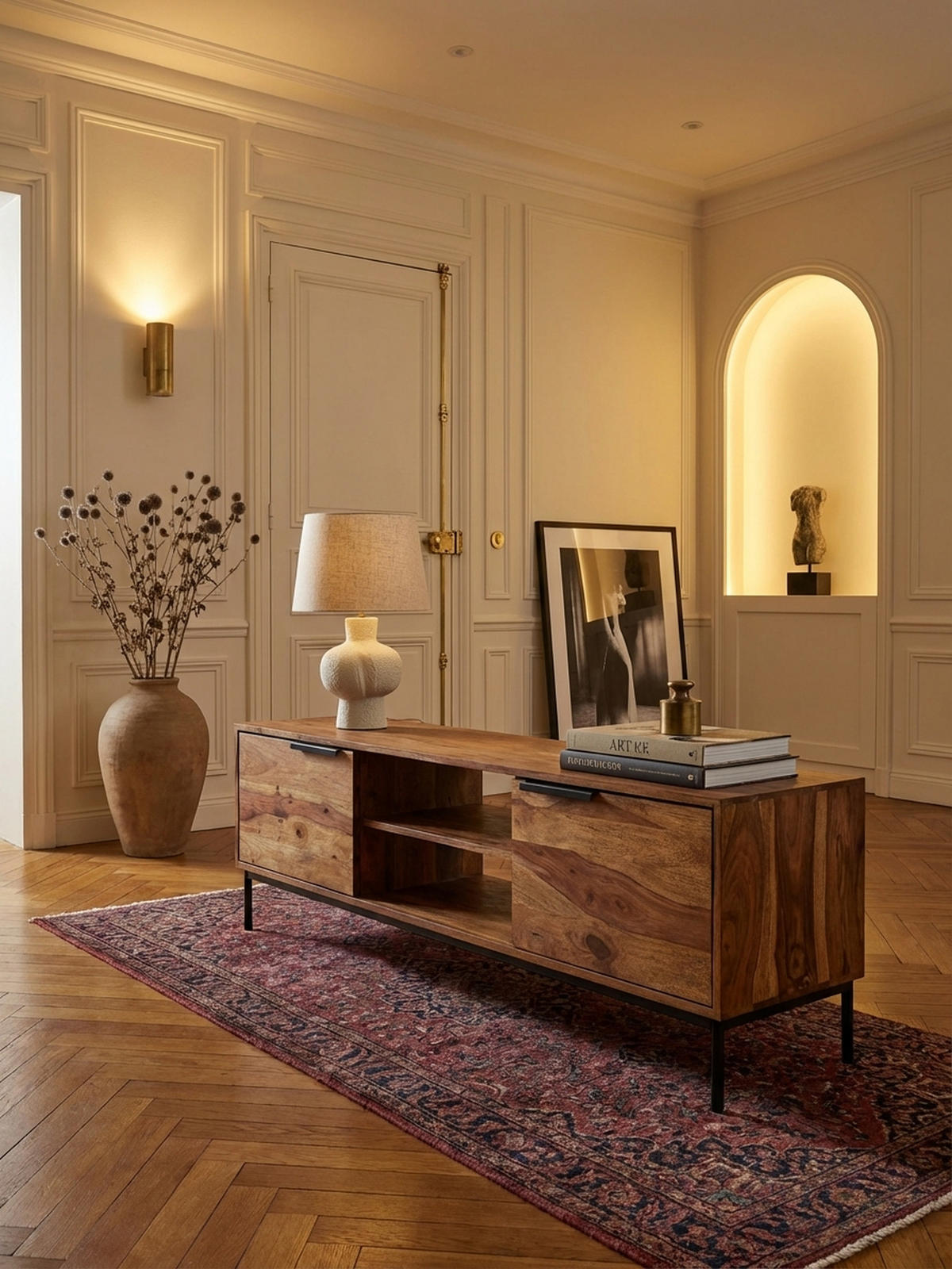 LOWBOARD Massivholz Landhausstil für 60-Zoll Fernseher mit offenen Fächern - Schwarz/Braun, Holz/Metall (147/51/38cm) - KADIMA DESIGN