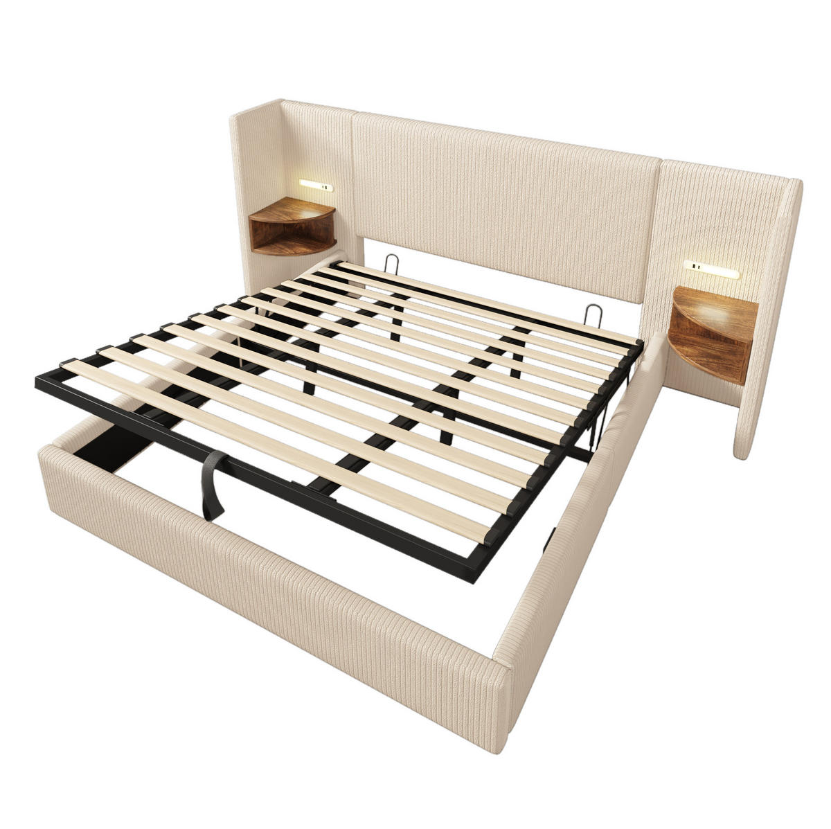 ČALÚNENÁ posteľ 180/200 cm s nočným panelom, LED čítacou lampou a USB/Type-C nabíjaním, úložný priestor, Beige-Weiß - béžová, textil (180/200cm) - Redom