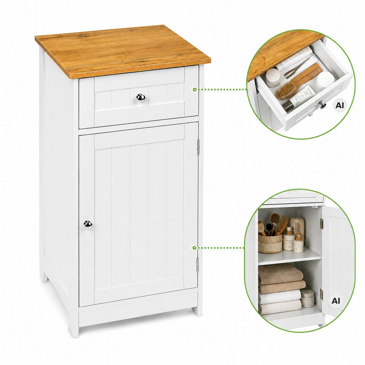 BADZIMMERSCHRANK Weiß Eiche 42 x 34 x 76 cm mit Schublade und Tür - Eichefarben/Weiß, Holzwerkstoff (42/76/34cm) - Begryf