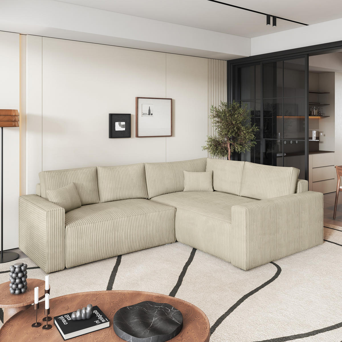 ROHOVÁ SEDAČKA ERONIS krémová - šedá/krémová, dřevo/textil (265/194cm) - MASSENO