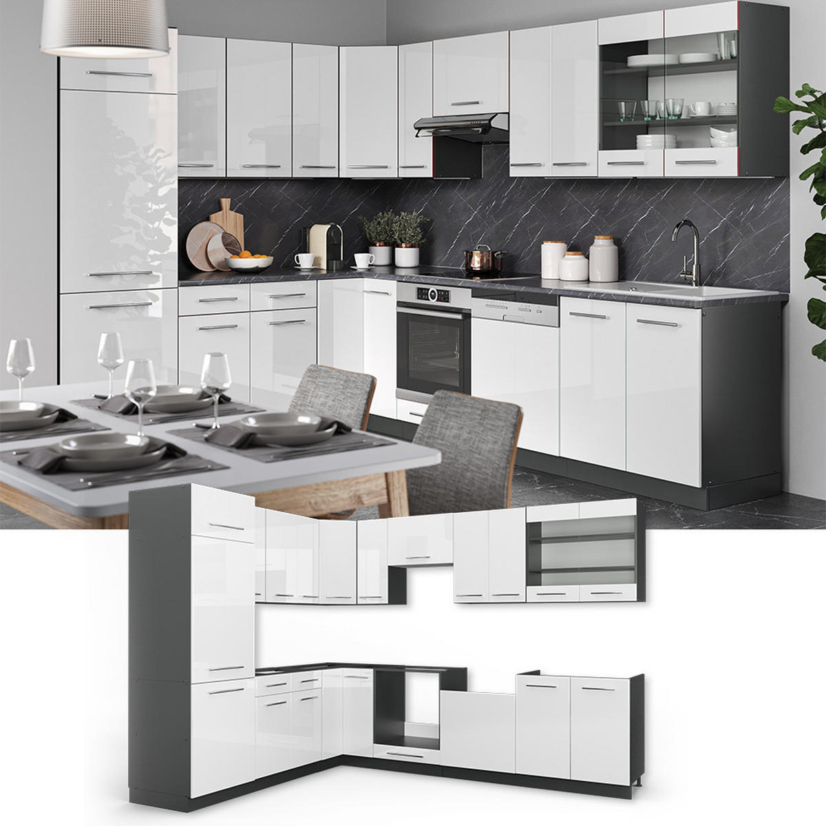 ECKKÜCHE Fame-Line Weiß Hochglanz/Anthrazit 227 x 60 cm ohne AP - Weiß Hochglanz/Anthrazit, Holzwerkstoff (287/81.6/46cm) - Vicco