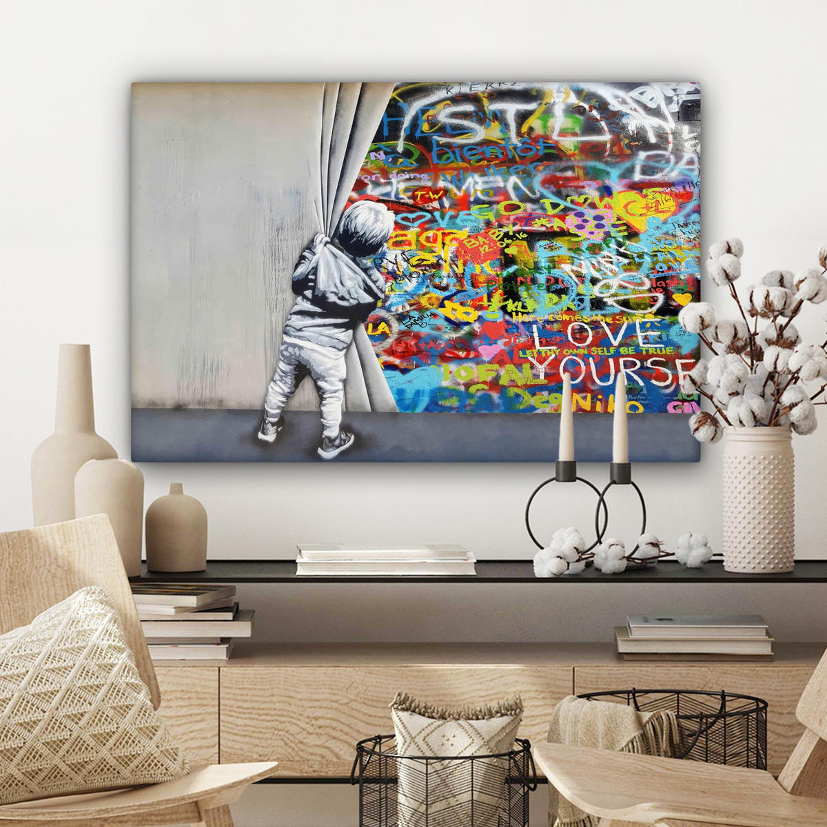 LEINWANDBILD Graffiti - Junge - Ilussie - Straßenkunst Wanddeko 90x60 cm - Hellgrau, Textil (90/60cm) - MuchoWow