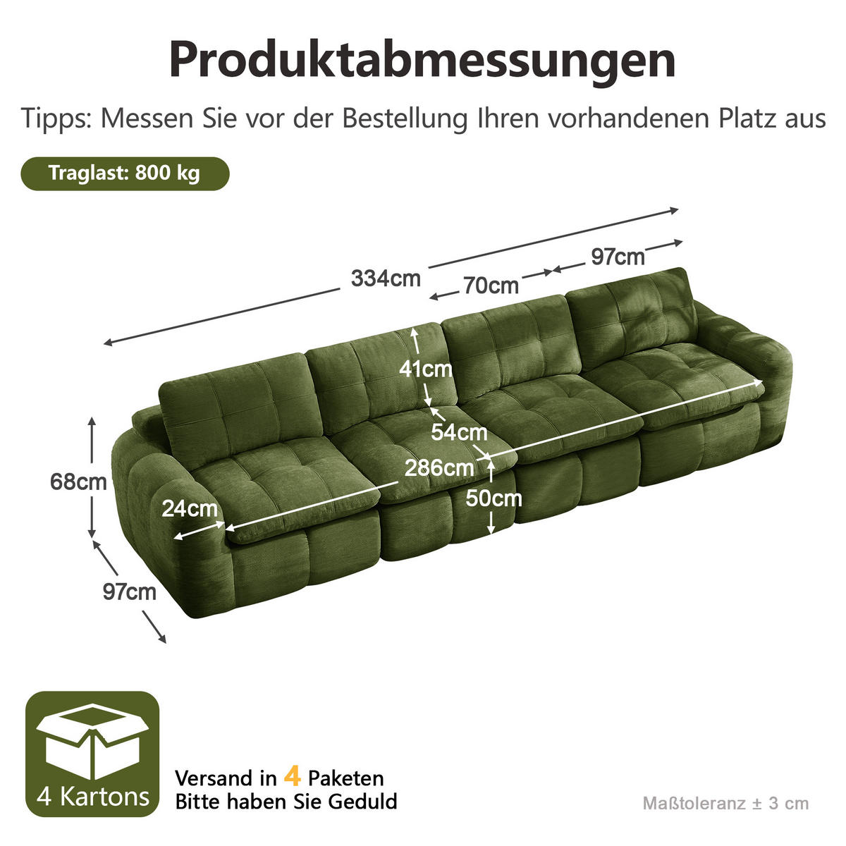 4-SITZER-SOFA DE-34464 Chenille-Bezug Grün - Grün, Textil (97/68/334cm) - ComfortXL