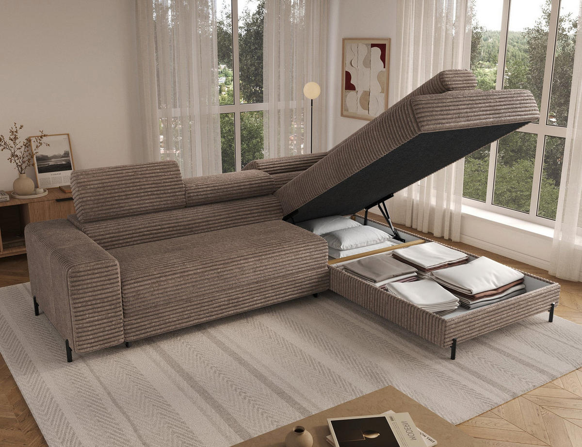 ECKSOFA COLESIO L-Form, Schlaffunktion, Bettkasten, verstellbare Kopfstützen, Wellenfederung, Metallfüße, breiter Cordstoff - Beige/Schwarz, Kunststoff/Metall (204/269cm) - Wohnideebilder