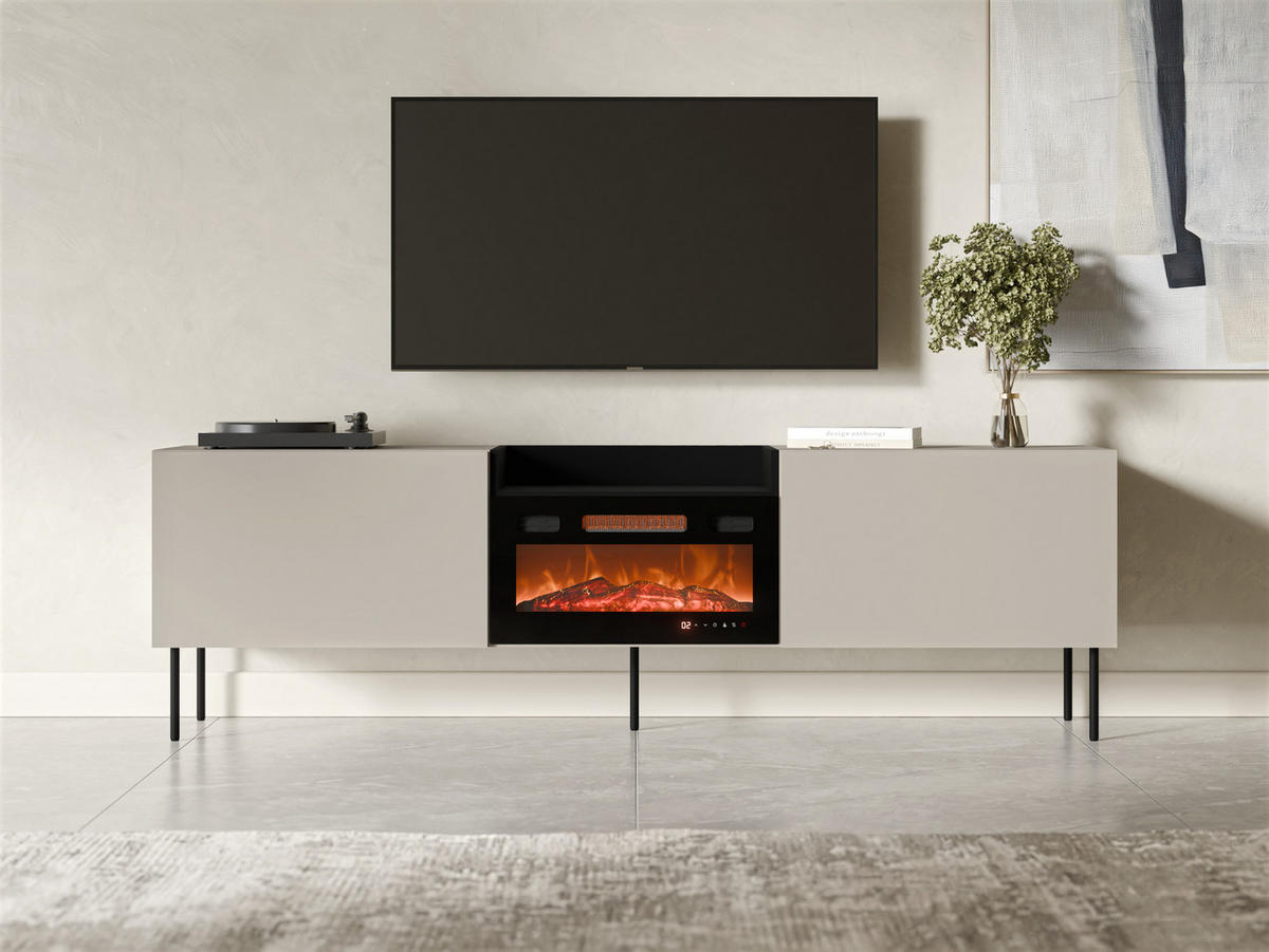 TV-LOWBOARD Kanton mit Kamin - Kaschmir/Schwarz, Holzwerkstoff/Metall (200/61/41cm) - MIRJAN24