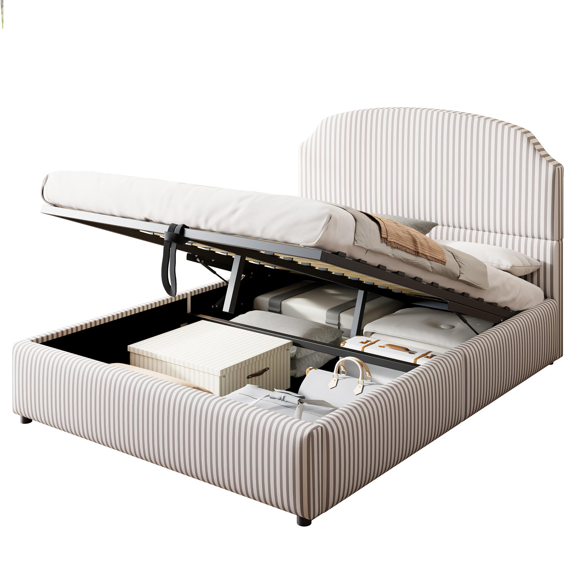 POLSTERBETT 140/200 cm mit hydraulischem Bettkasten, großem Kopfteil und gestreiftem Stoff, Weiß/Anthrazit - Weiß, Holzwerkstoff (140/200cm) - Redom