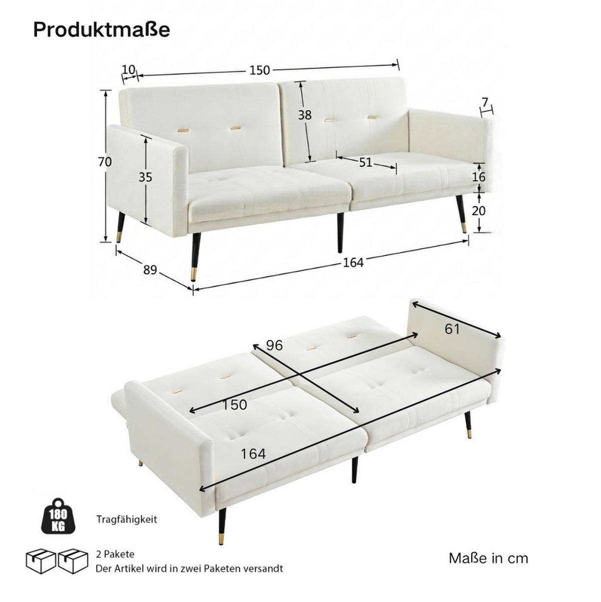 SCHLAFSOFA mit verstellbaren Rückenlehnen, 2-in-1 Gästebett und Samtbezug, Beige - Beige, Textil (164/70/89cm) - Redom