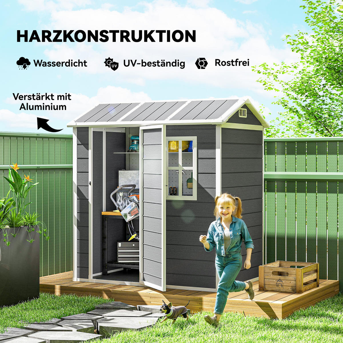 GERÄTEHAUS Kunststoff 2,1m² 186 x 130 x 199cm Geräteschuppen mit Satteldach - Grau, Kunststoff (130/199/186cm) - Outsunny