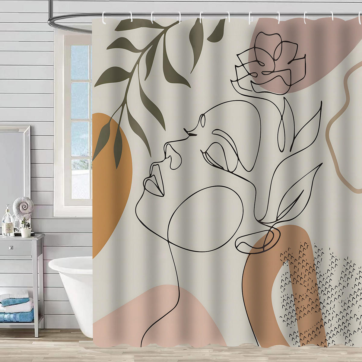 DUSCHVORHANG Boho abstrakt Kunst Blumen Blätter Grün waschbar mit Haken - Pink, Textil (180/180cm) - MCBOSON