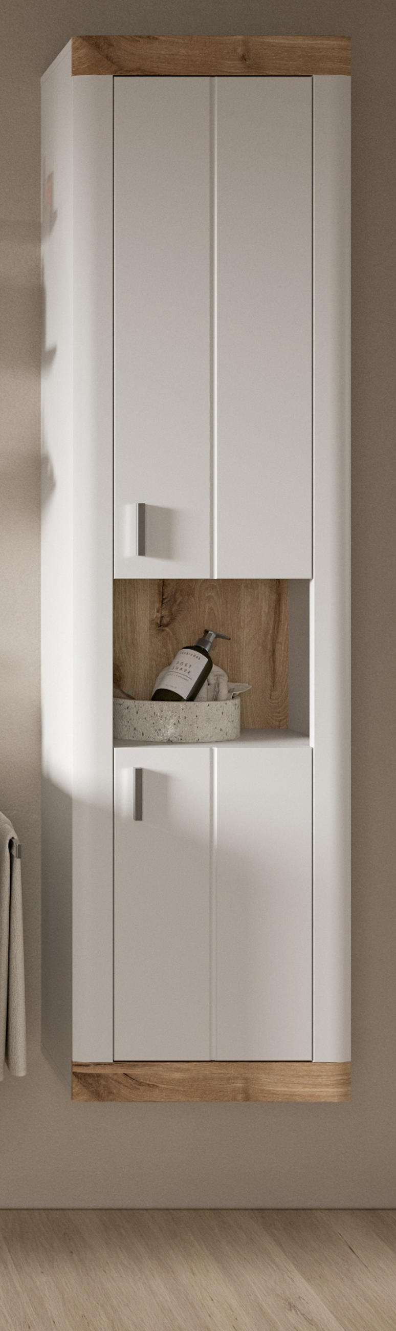 HOCHSCHRANK weiß, Eiche 45 cm, Badschrank mit Soft-Close - Eichefarben/Silberfarben, Holzwerkstoff/Kunststoff (45/172/30cm) - Inn.Furn