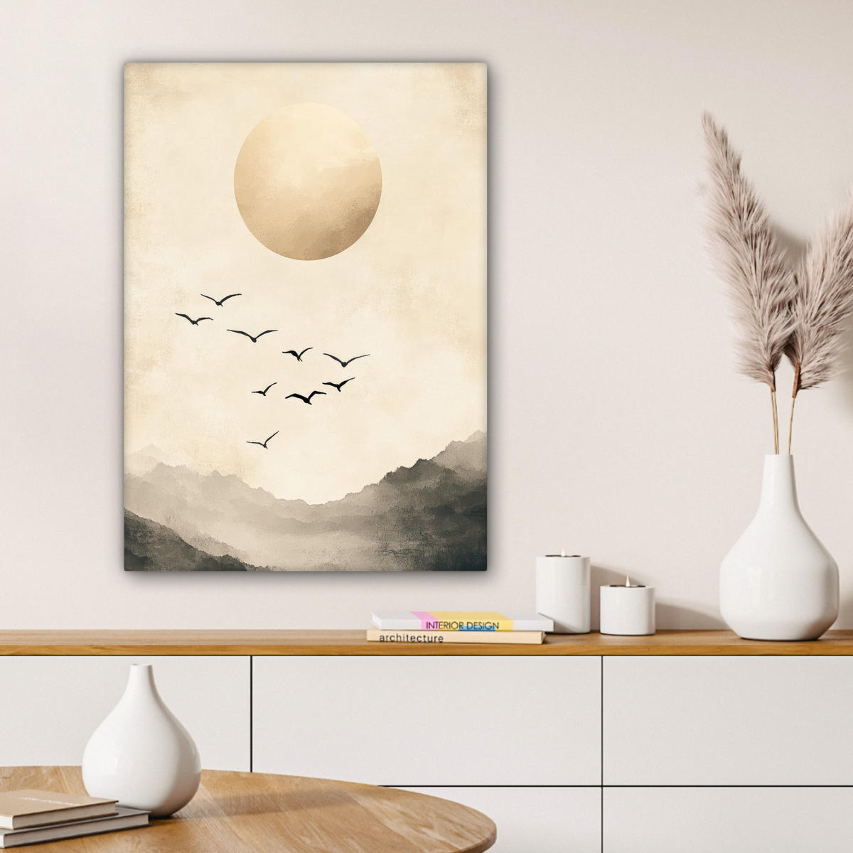 LEINWANDBILD Landschaft - Japandi - Vogel 60x80 cm - Beige, Textil (60/80cm) - MuchoWow