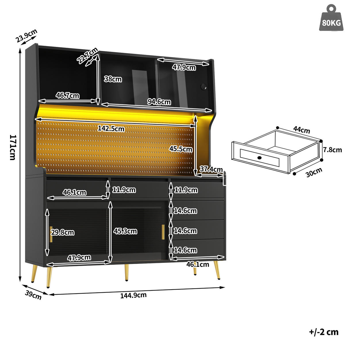 BUFFETSCHRANK 145/39/171 cm mit LED-Beleuchtung, App-Steuerung, Schiebetüren und geriffelter Glasfront, Schwarz - Schwarz, Holzwerkstoff (145/171/39cm) - Redom
