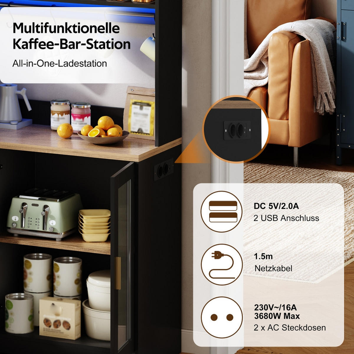 KÜCHENSCHRANK HOCHSCHRANK mit LED und Steckdose, Vitrine mit Glastüren, MDF Schwarz Holzoptik, 110/40/178 cm - Schwarz, Kunststoff (40/178/110cm) - Rolipo