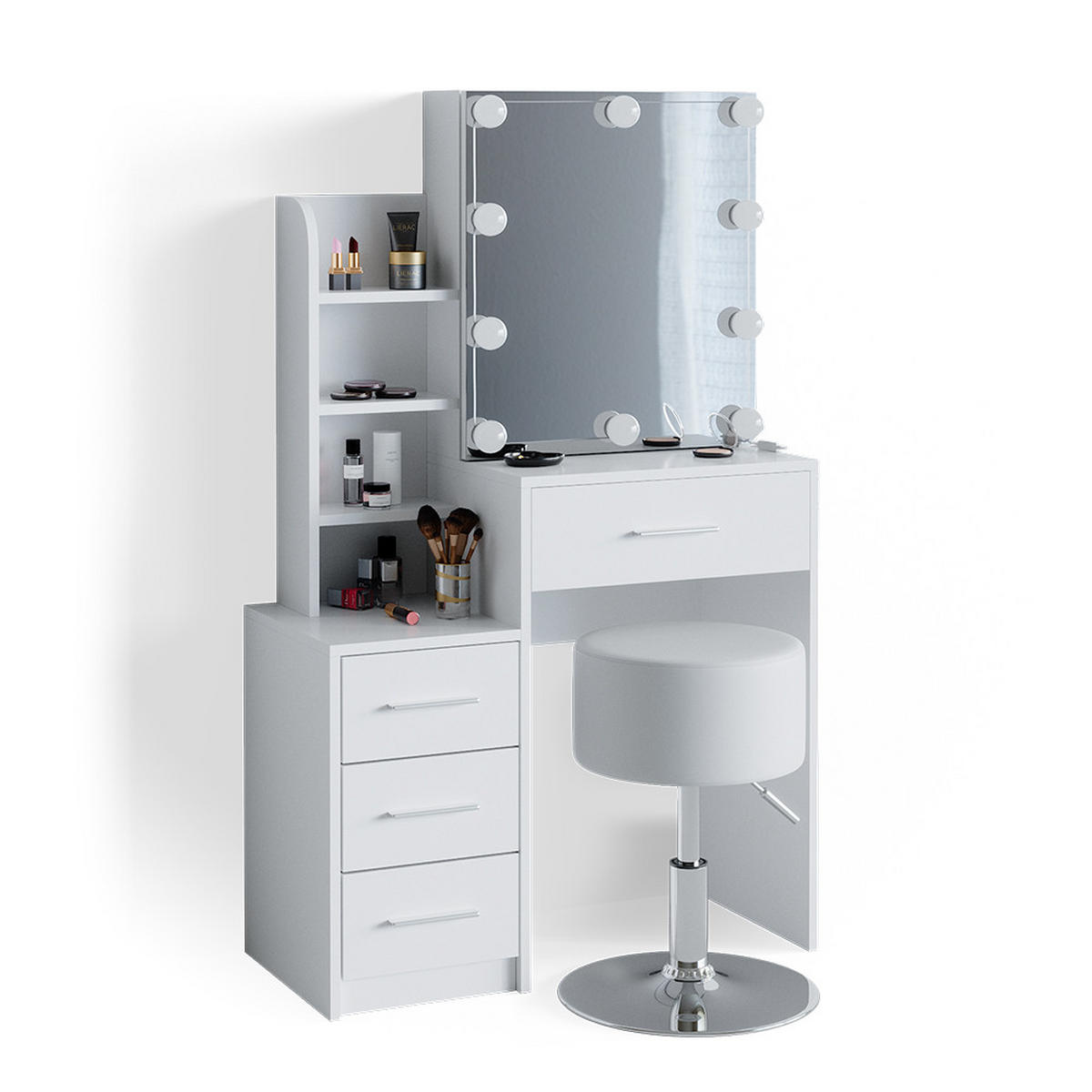 SCHMINKTISCH Conrada Weiß 80 cm mit LED Beleuchtung und Hocker - Weiß, Holzwerkstoff (36/131.6/80cm) - Vicco