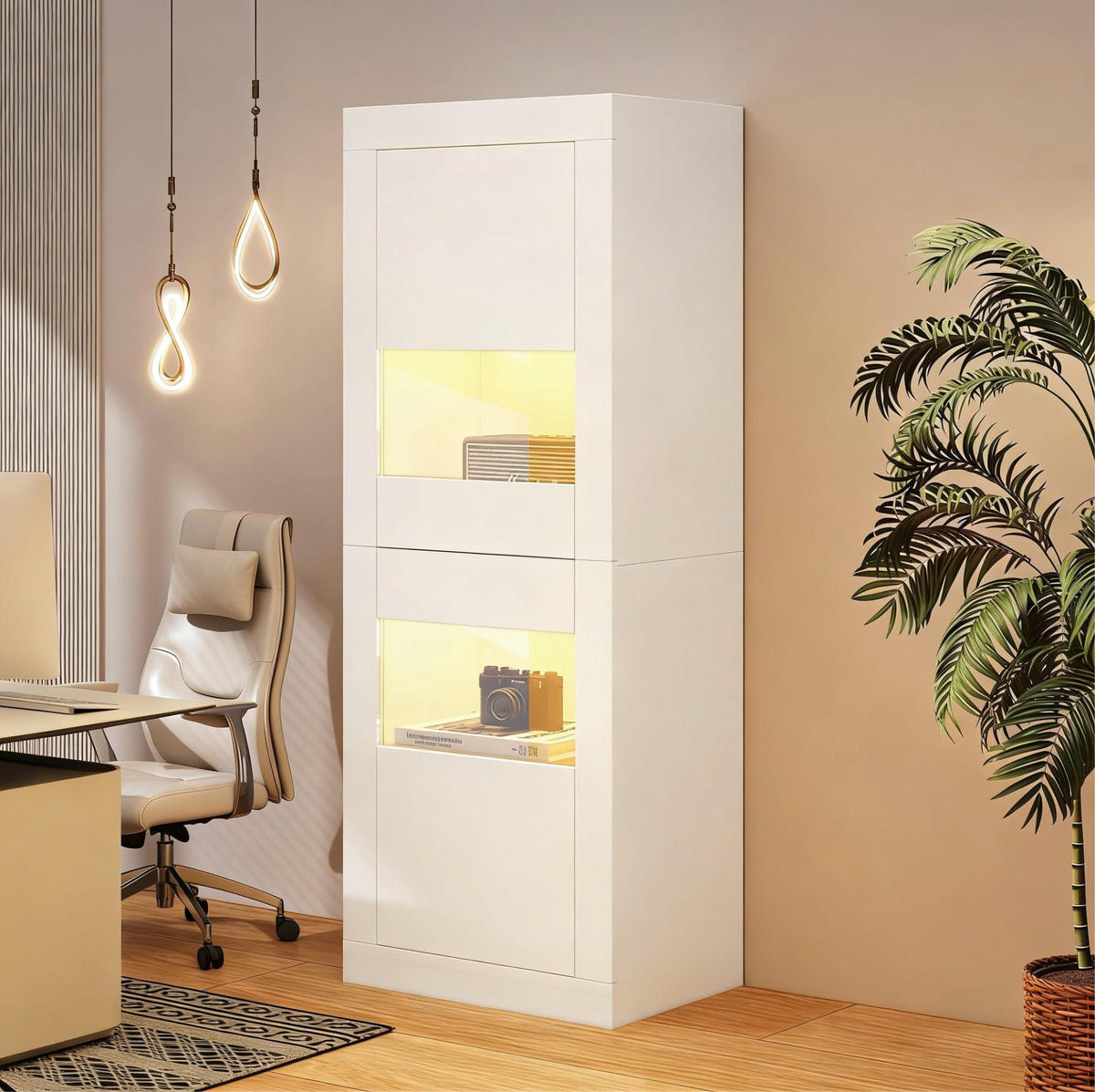 VITRINE in Weiß Highboard mit LED-Beleuchtung und Glasboden für Wohnzimmer und Schlafzimmer, B61/T42/H162 cm - Weiß, Glas/Holzwerkstoff (61/162/42cm) - STILVORA