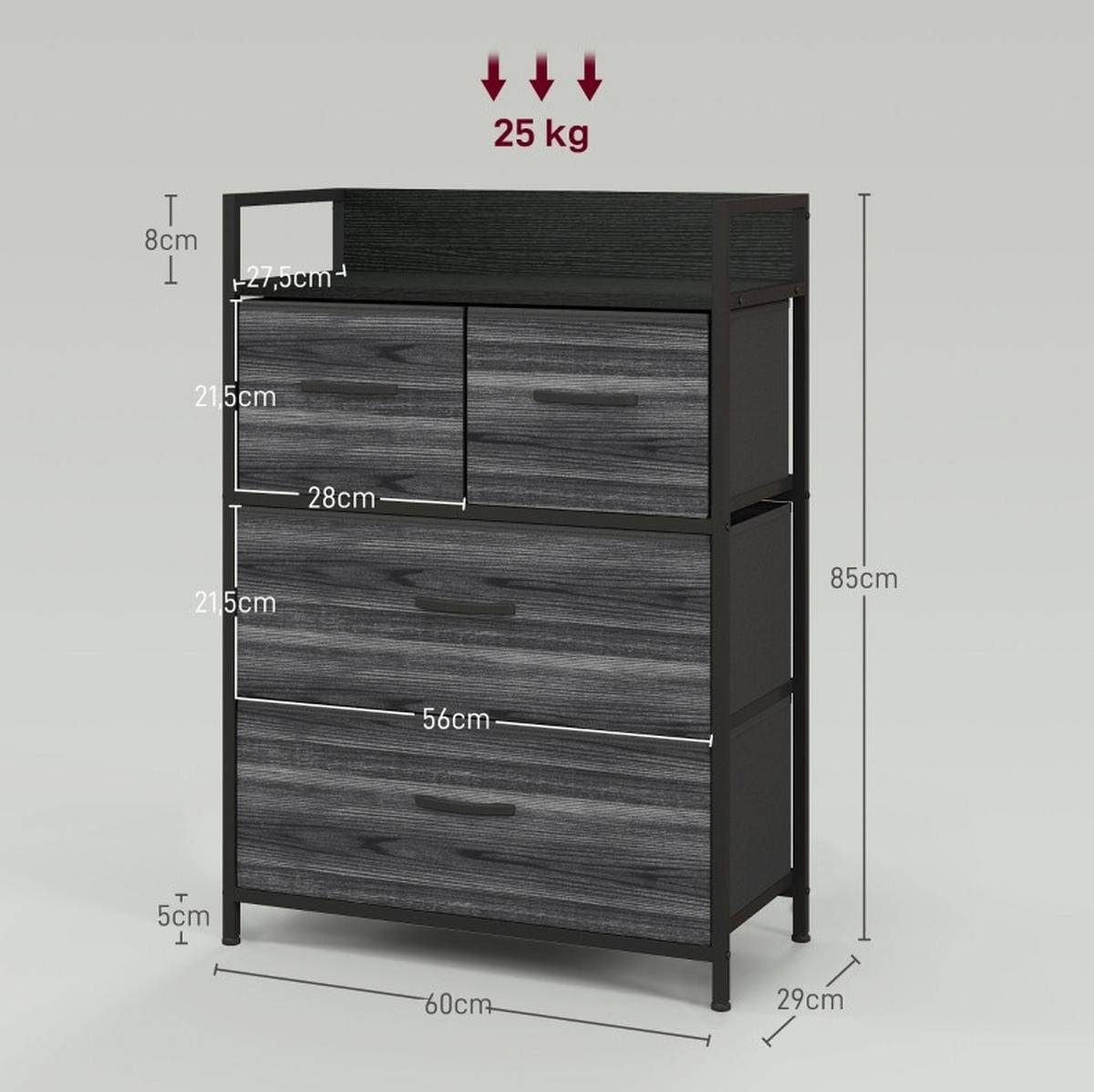 KOMMODE 60/29/85 cm mit 4 Stoffschubladen – Industrial-Stil in Schwarz - Schwarz, Holzwerkstoff (60/85/29cm) - BEAOK