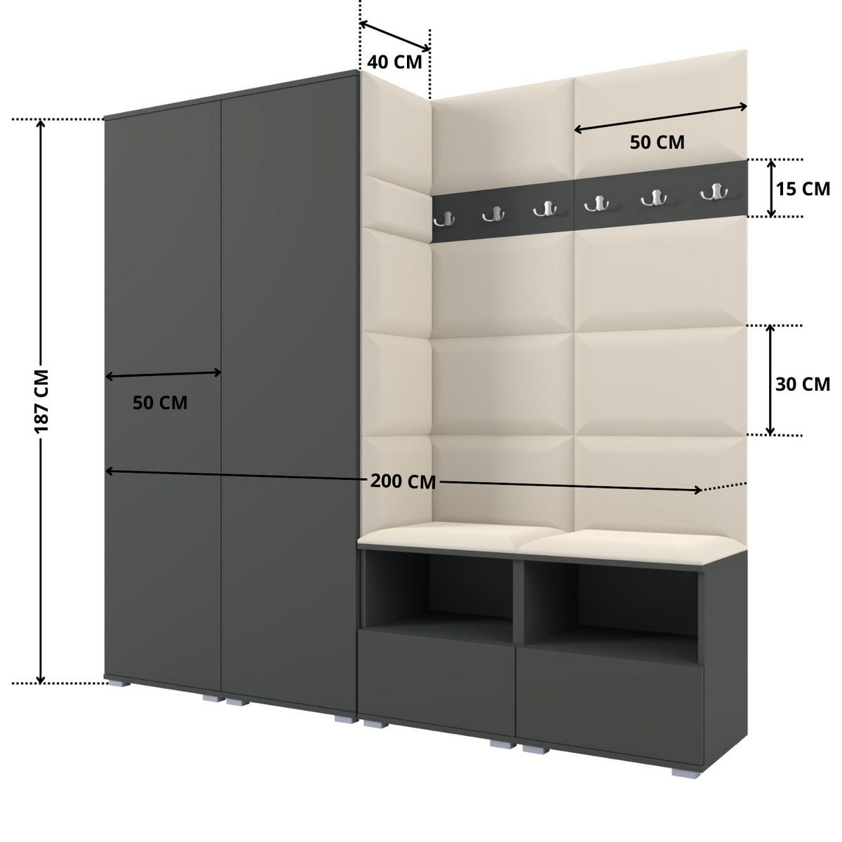 GARDEROBE NELA VI 200 cm (Kompaktgarderobe Graphit mit Sitzpolster Creme 01 Schrank & Paneel) - Silberfarben/Creme, Holz/Holzwerkstoff (200/187/40cm) - Ravio