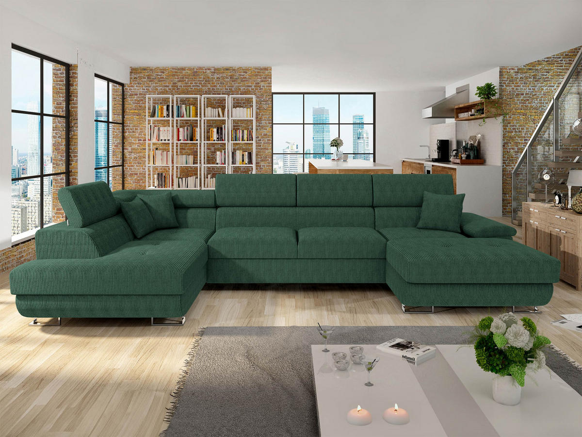 WOHNLANDSCHAFT Cotere Bis Cord, Seite: Links - Grün, Holz (345/91/202cm) - MIRJAN24