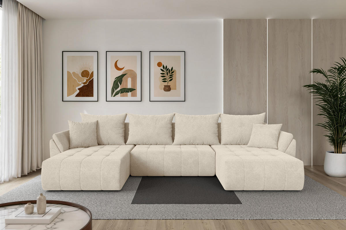 SEDACÍ SOUPRAVA DO U s funkcí spaní a úložným prostorem TOKO-U 378x194x86 krémová velur - černá/krémová, kompozitní dřevo/textil (378/86/194cm) - ALTDECOR