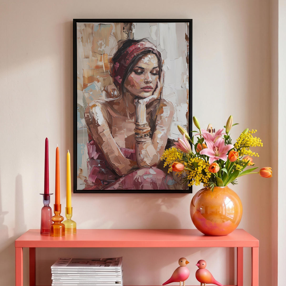 LEINWAND Bilder mit Rahmen - Frau - Lackierung - Porträt - Modern - 40x60 - Altrosa, Textil (40/60cm) - MuchoWow