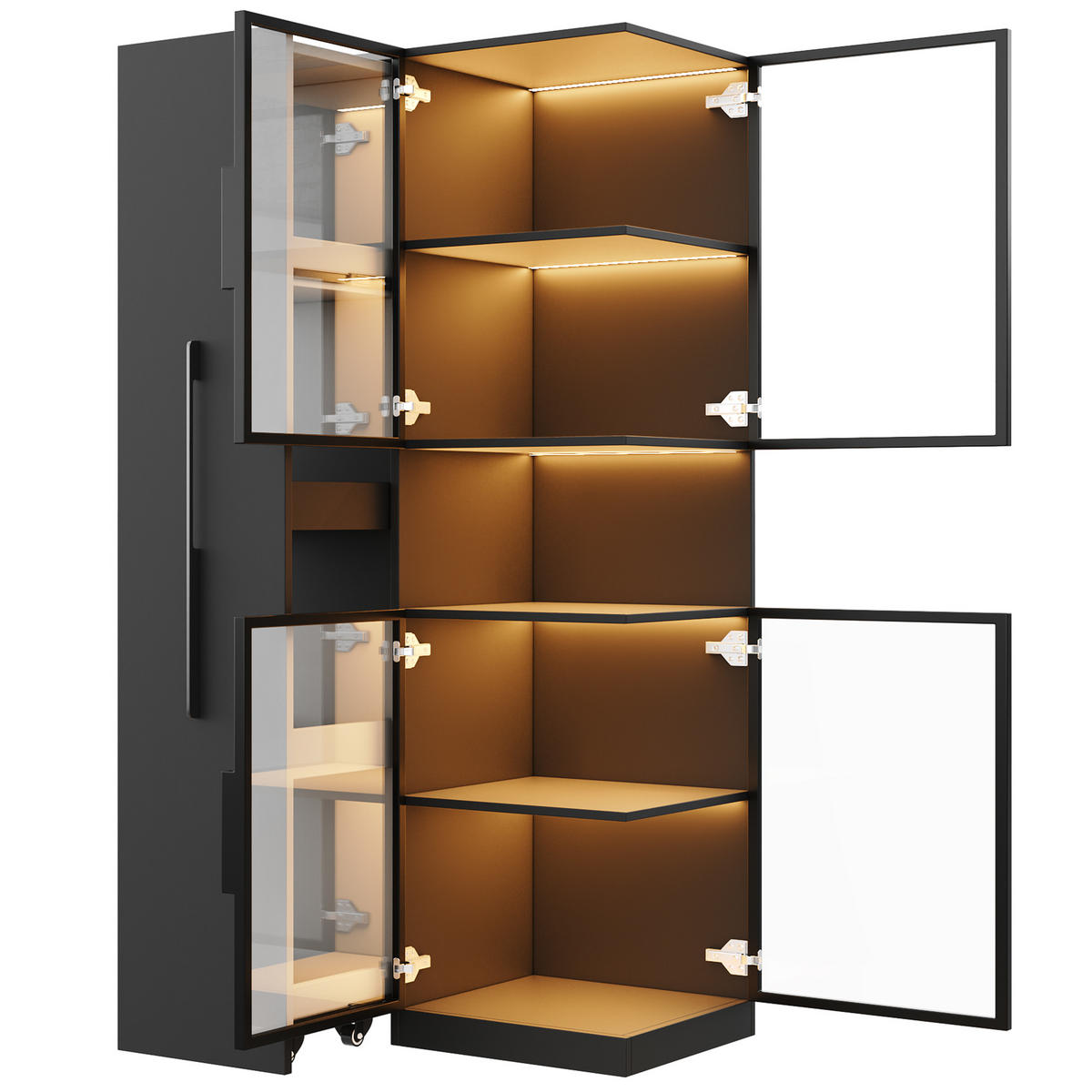 VITRINE LED Glasvitrine Ausziehregal Hochschrank 160cm Weiß - Schwarz, Glas (70/160/38cm) - FLIEKS