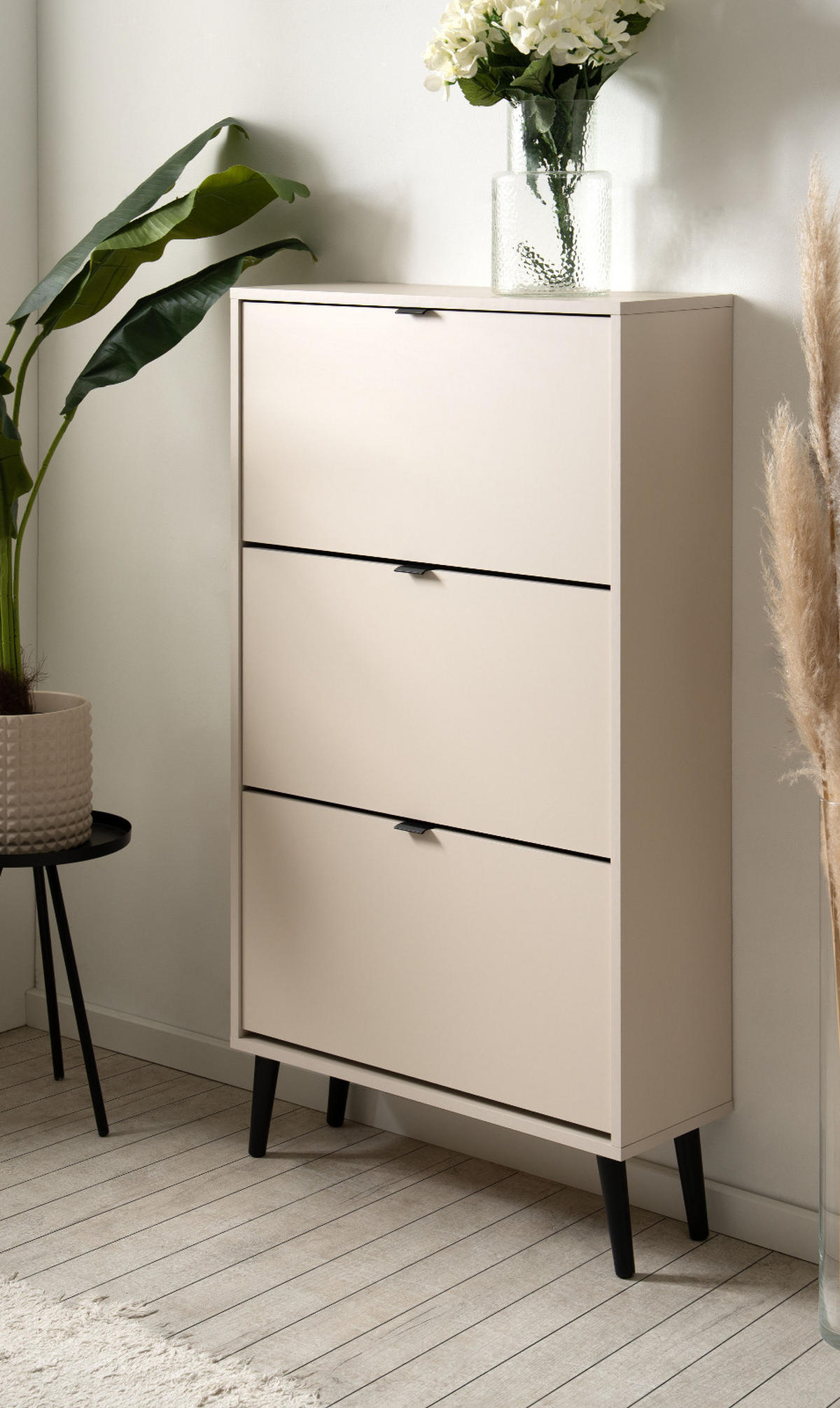 SCHUHSCHRANK samt 70 x 125 cm, Schuhkipper mit großen 3 Klappen - Beige/Schwarz, Holz/Holzwerkstoff (70/125/24cm) - Furn.Design