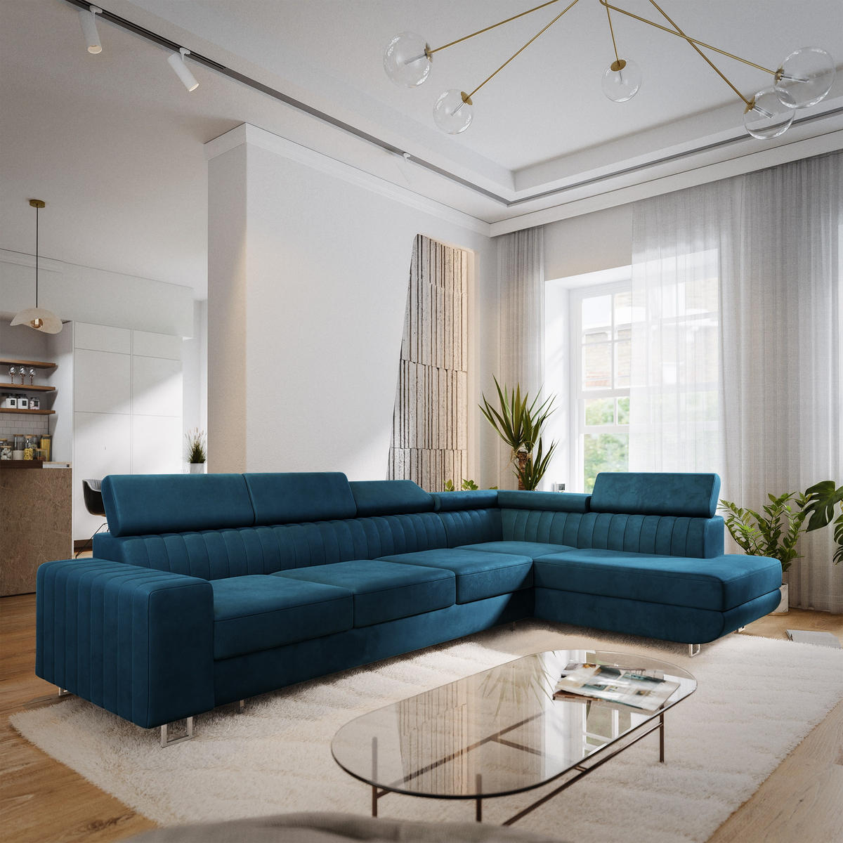 ECKSOFA HESTION Blau Velours-Stoff mit Schlaffunktion - Blau, Holz (332/190cm) - MASSENO