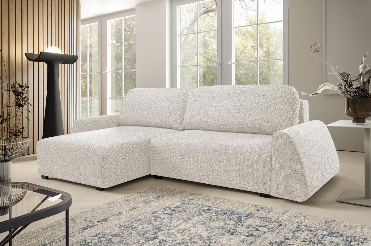 ECKSOFA ALMI mit Schlaffunktion, Bettkasten, Wellenfedern Komfortable Sitzpolsterung Elegantes Design Linke, 160x275 cm Weiß - Weiß, Holz/Textil (160/275cm) - DomoHome
