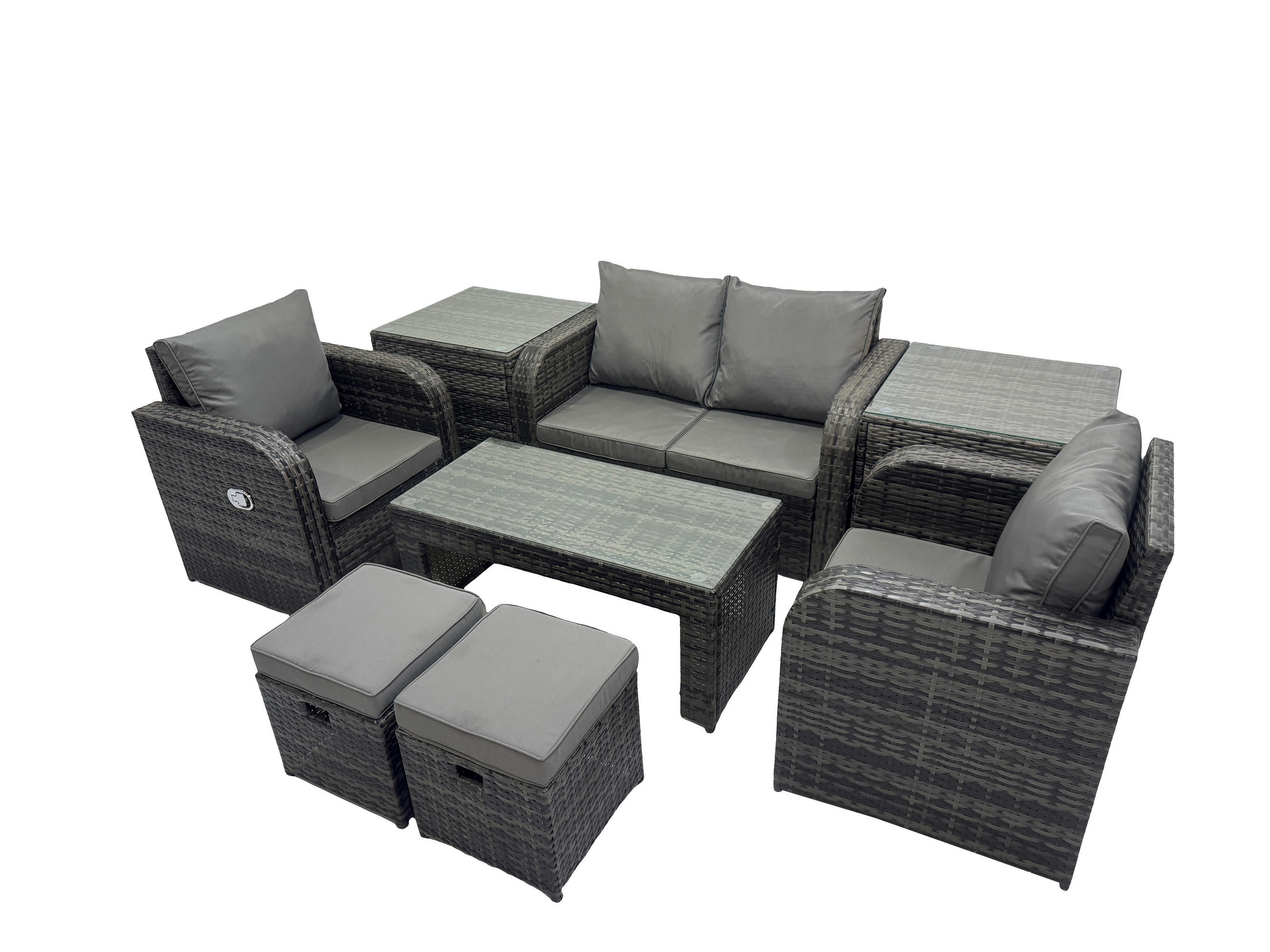 GARTENSOFA SET mit COUCHTISCH Polyrattan 5-Sitzer - Dunkelgrau/Grau, Glas/Kunststoff - Fimous