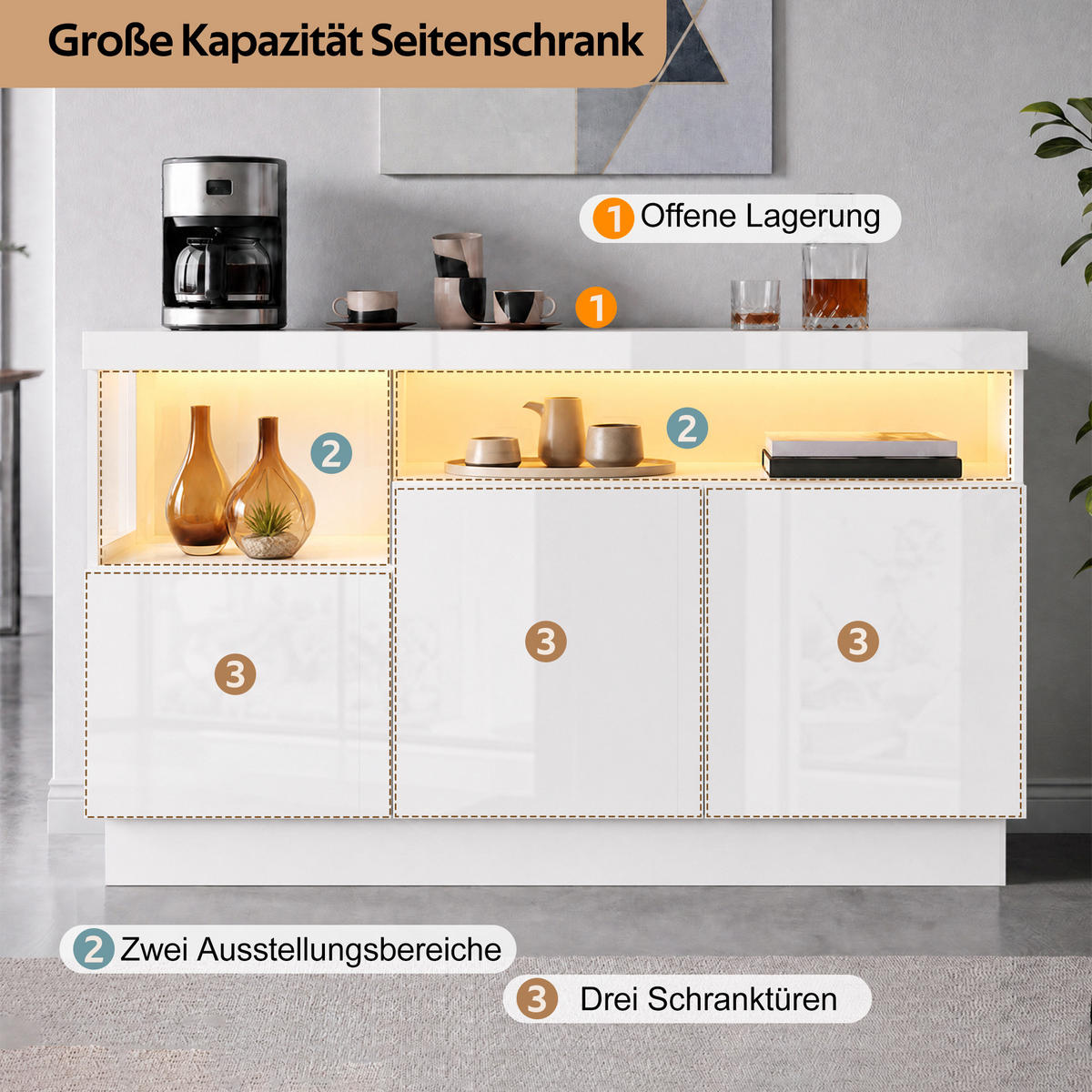 SIDEBOARD DE-37502 140/36/80 cm mit LED-Beleuchtung Weiß Hochglanz - Weiß, Holzwerkstoff (140/80/36cm) - ComfortXL