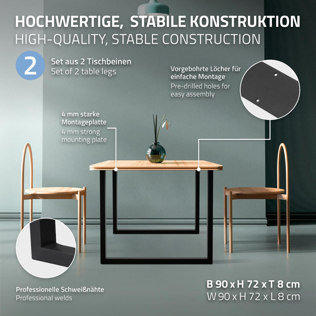 TISCHBEINE 2er Set 90 x 72 cm Schwarz - Schwarz, Metall (90/72/8cm) - ECD-Germany