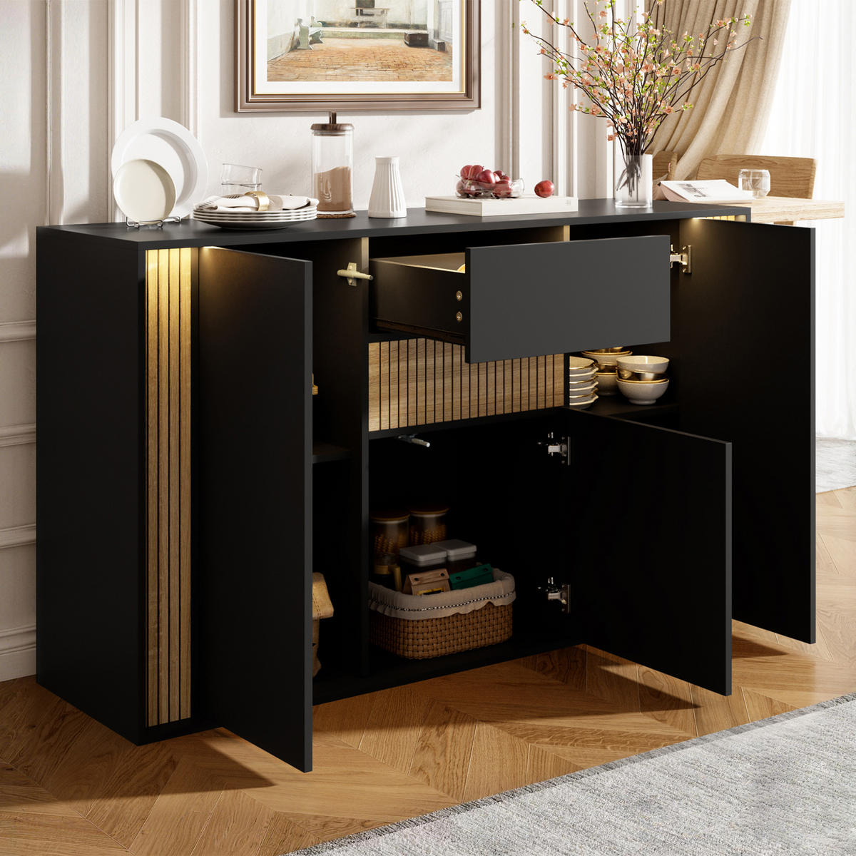 SIDEBOARD 140x40x82cm Schwarz mit LED und 3 Türen - Schwarz/Naturfarben, Holzwerkstoff (140/82/40cm) - FLIEKS