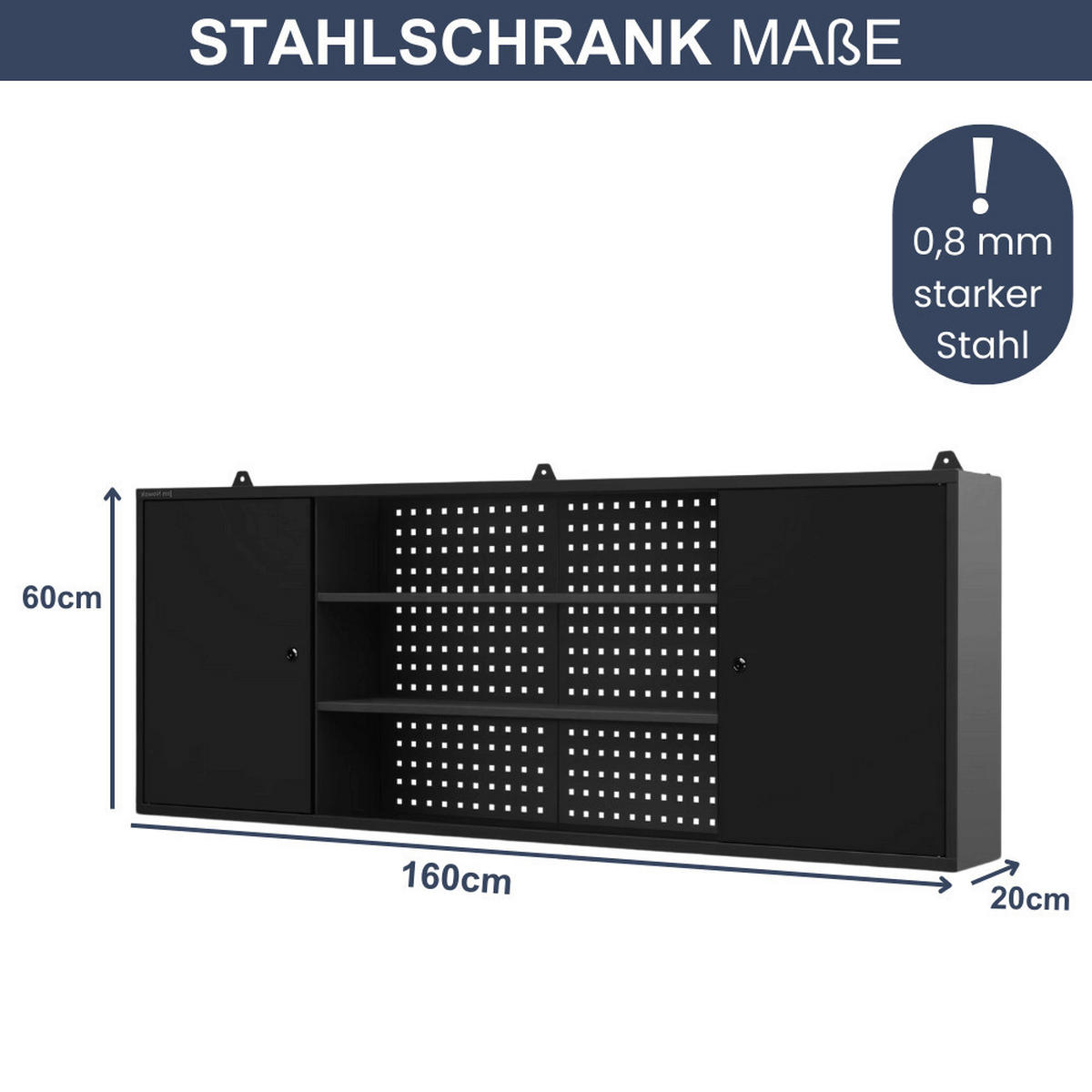 HÄNGESCHRANK Werkstatt abschließbar OLIS 60x160x20cm Schwarz - Schwarz, Metall (160/60/20cm) - DELUKE