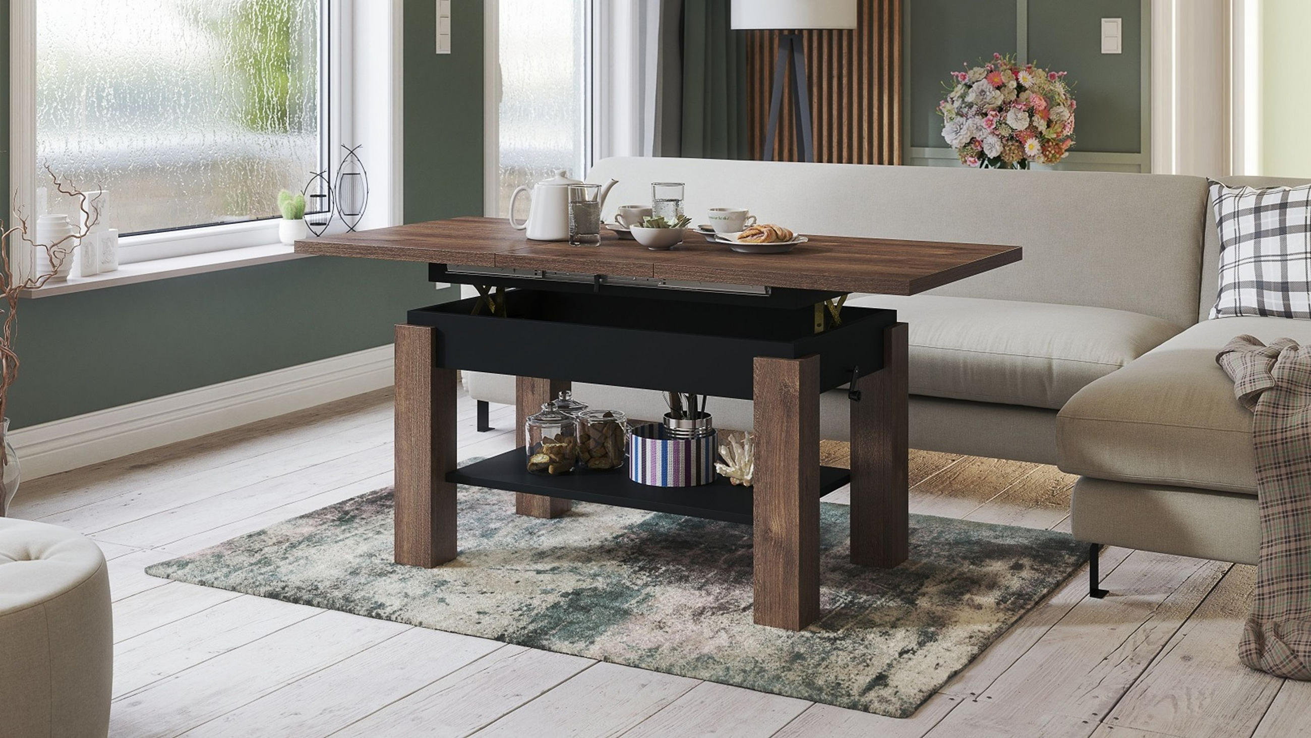 COUCHTISCH rechteckig Eiche dunkel - Schwarz ausziehbar höhenverstellbar - Dunkelbraun/Schwarz, Holzwerkstoff (68/110/59cm) - designimpex