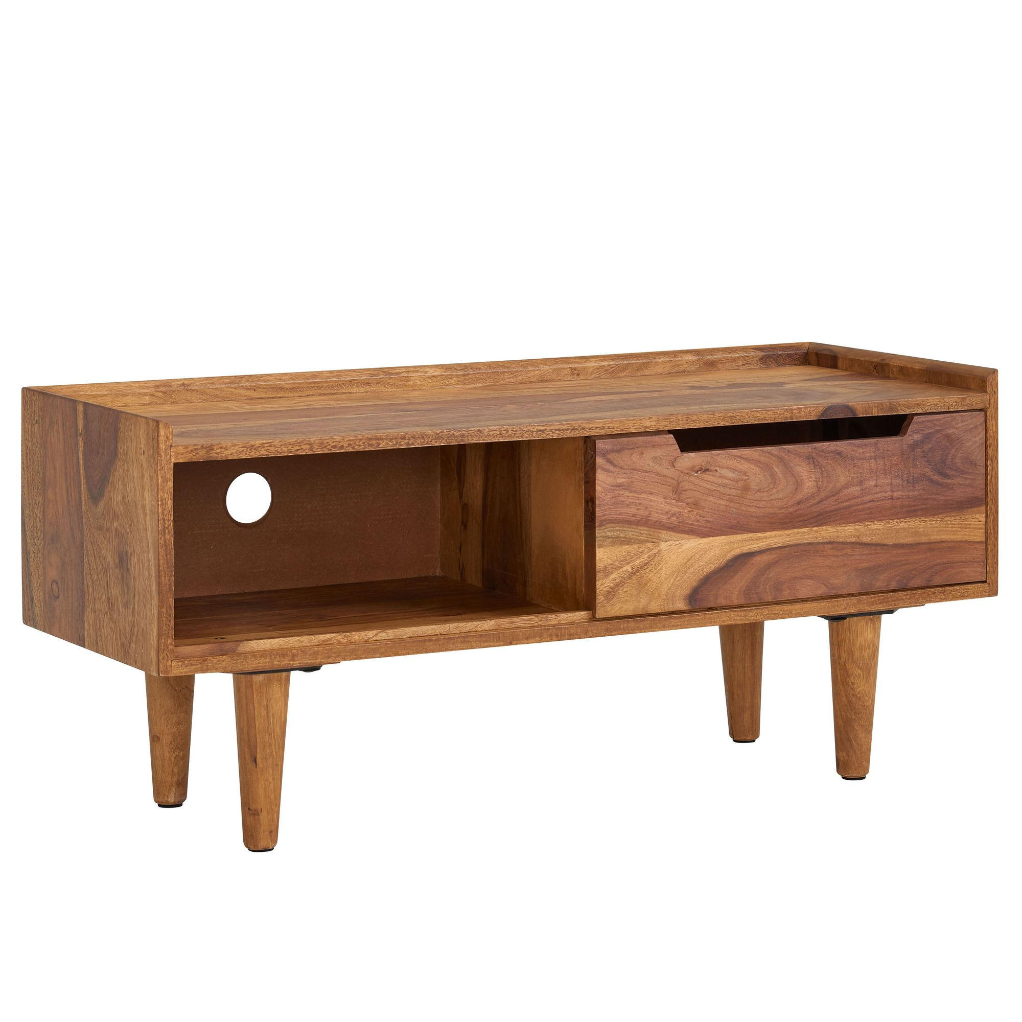 LOWBOARD Massivholz Modern Stil für Fernseher bis 50 Zoll mit Schiebetür und 2 Fächern - Braun, Holz (95/44/34cm) - KADIMA DESIGN